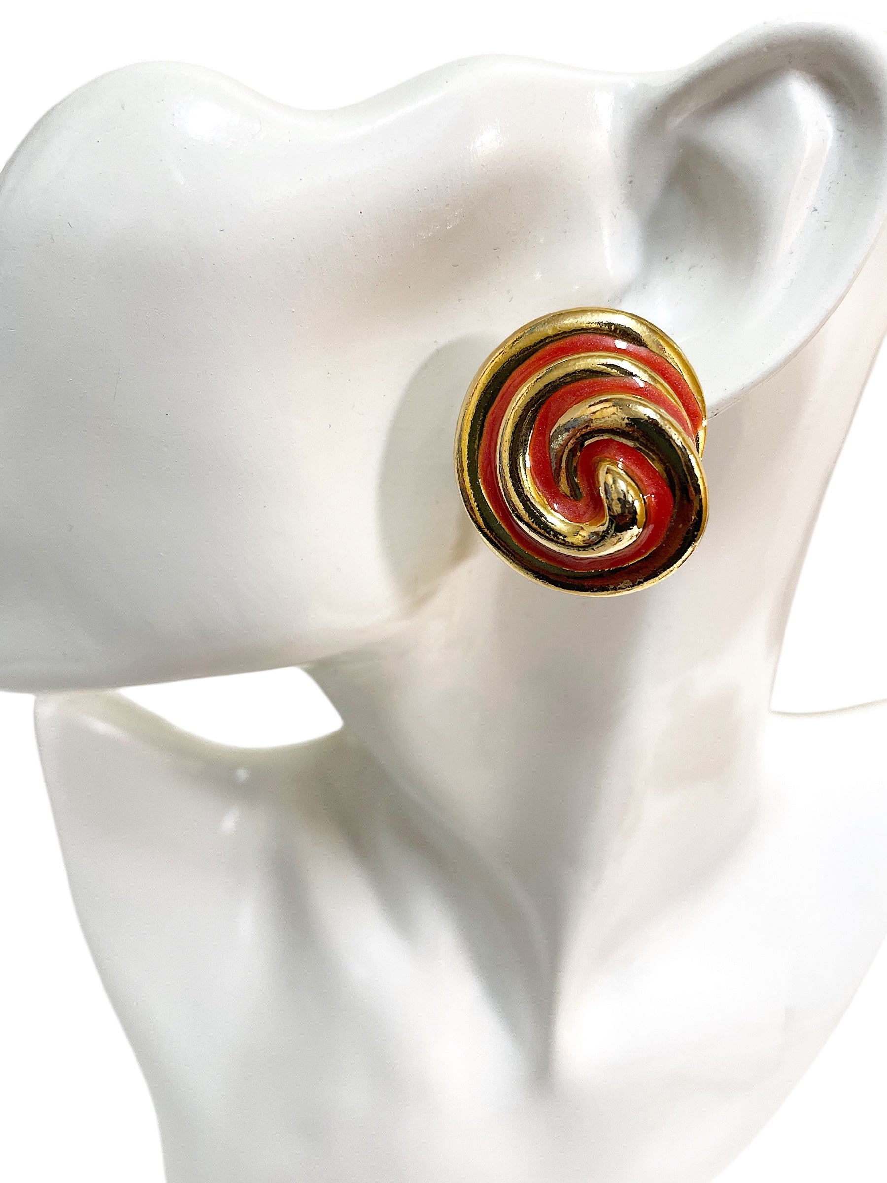 Orange Enamel Gold Tone Swirl Clip On Earrings