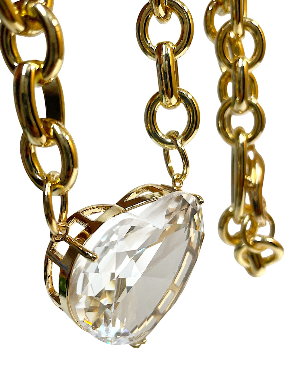 Crystal Heart Chunky Gold Chain Necklace