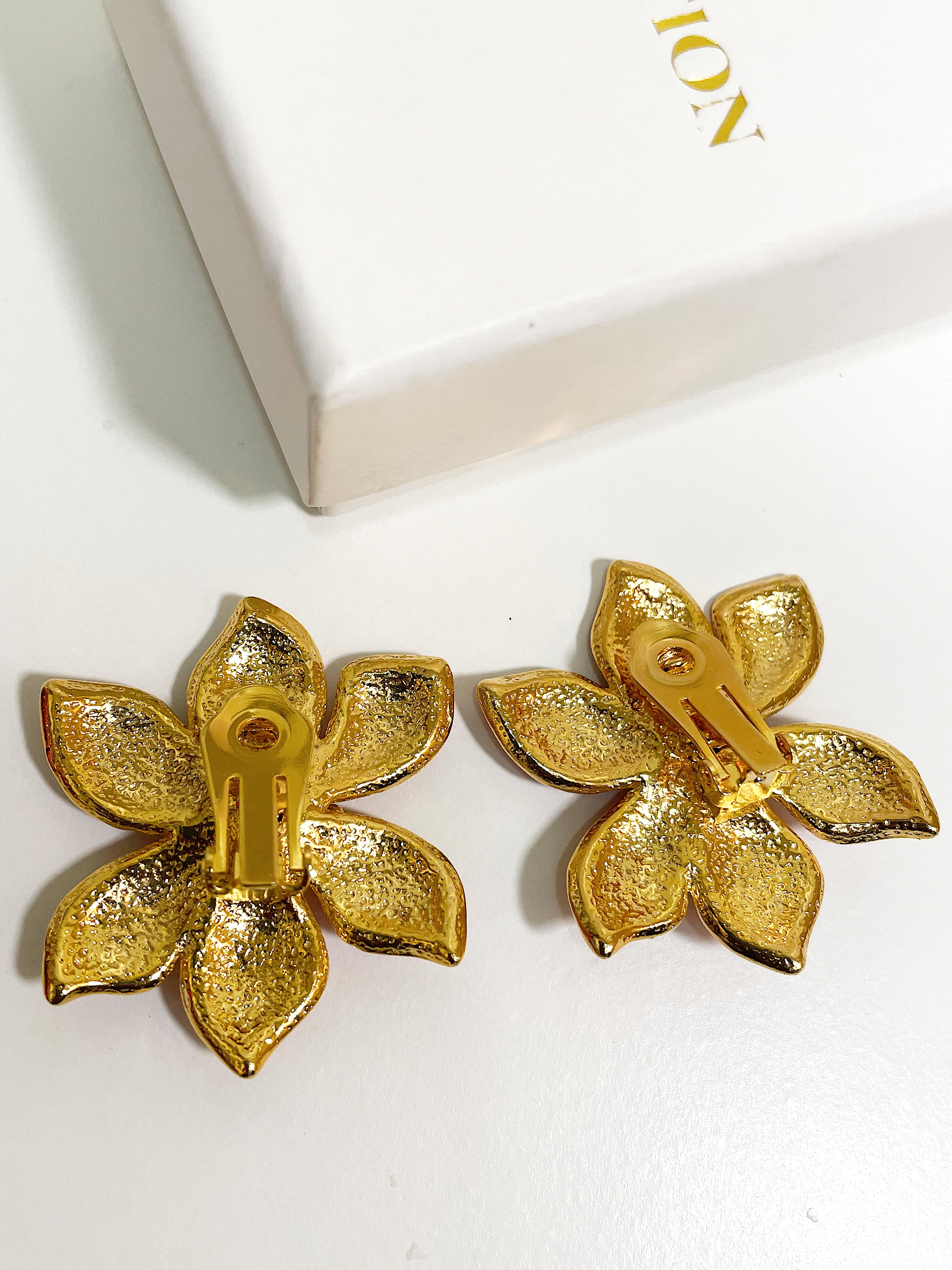 Blue enamel flower stud clip on earrings