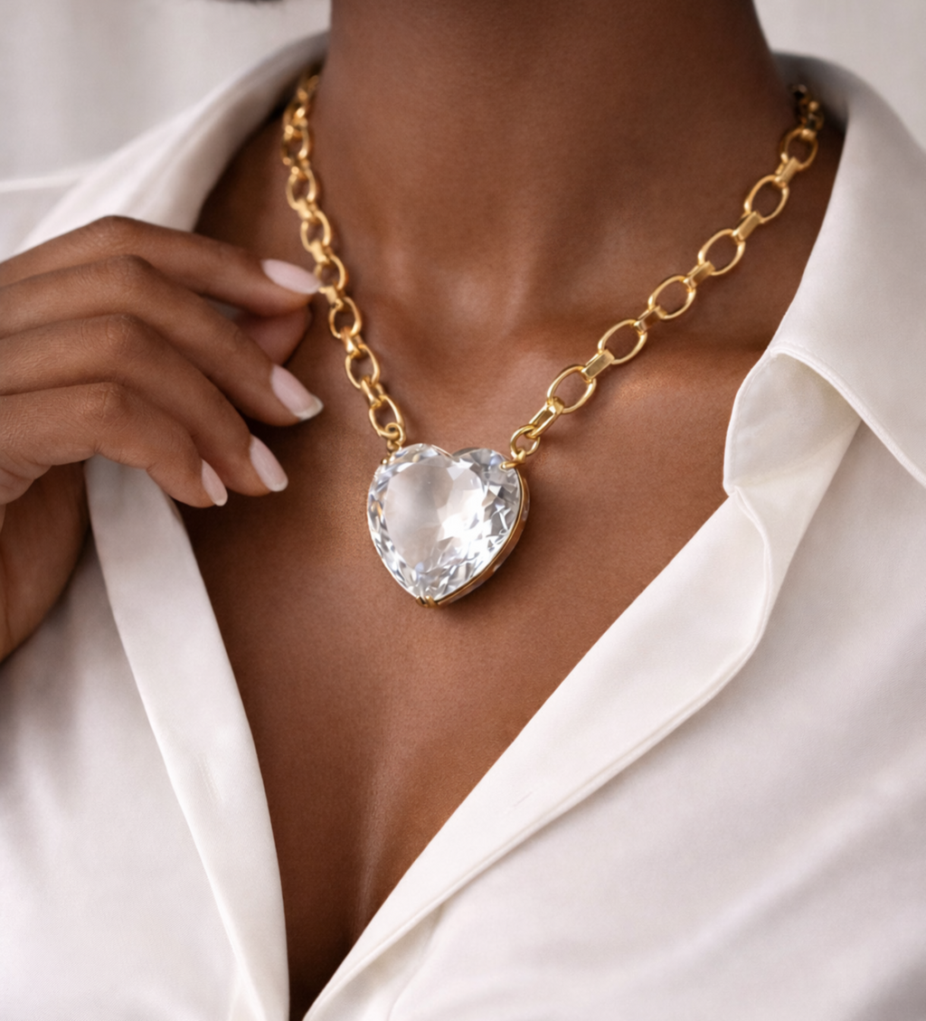 ClearCrystal Heart Chunky Gold Chain Necklace
