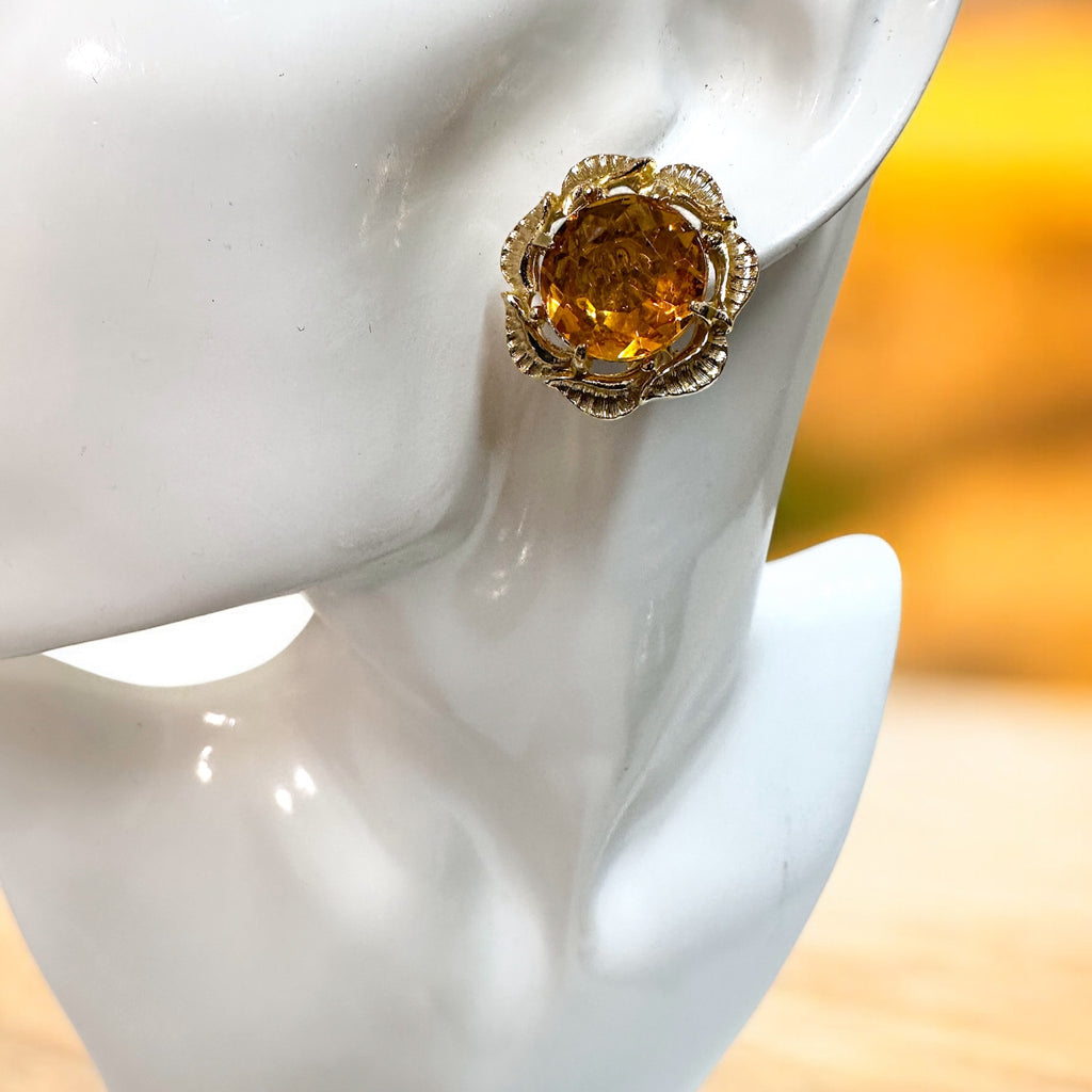 Gold tone topaz glass crystal round stud clip on earrings