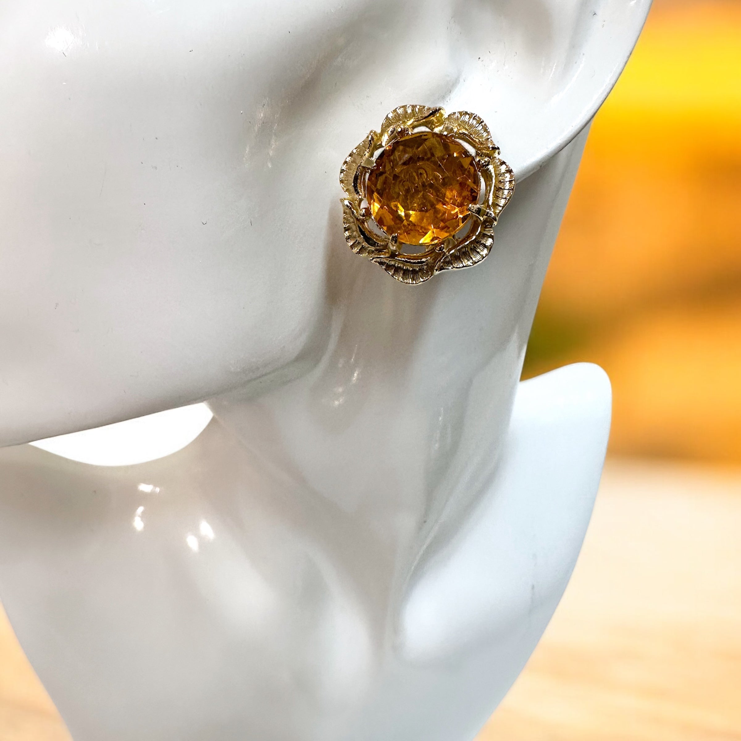 Gold tone topaz glass crystal round stud clip on earrings
