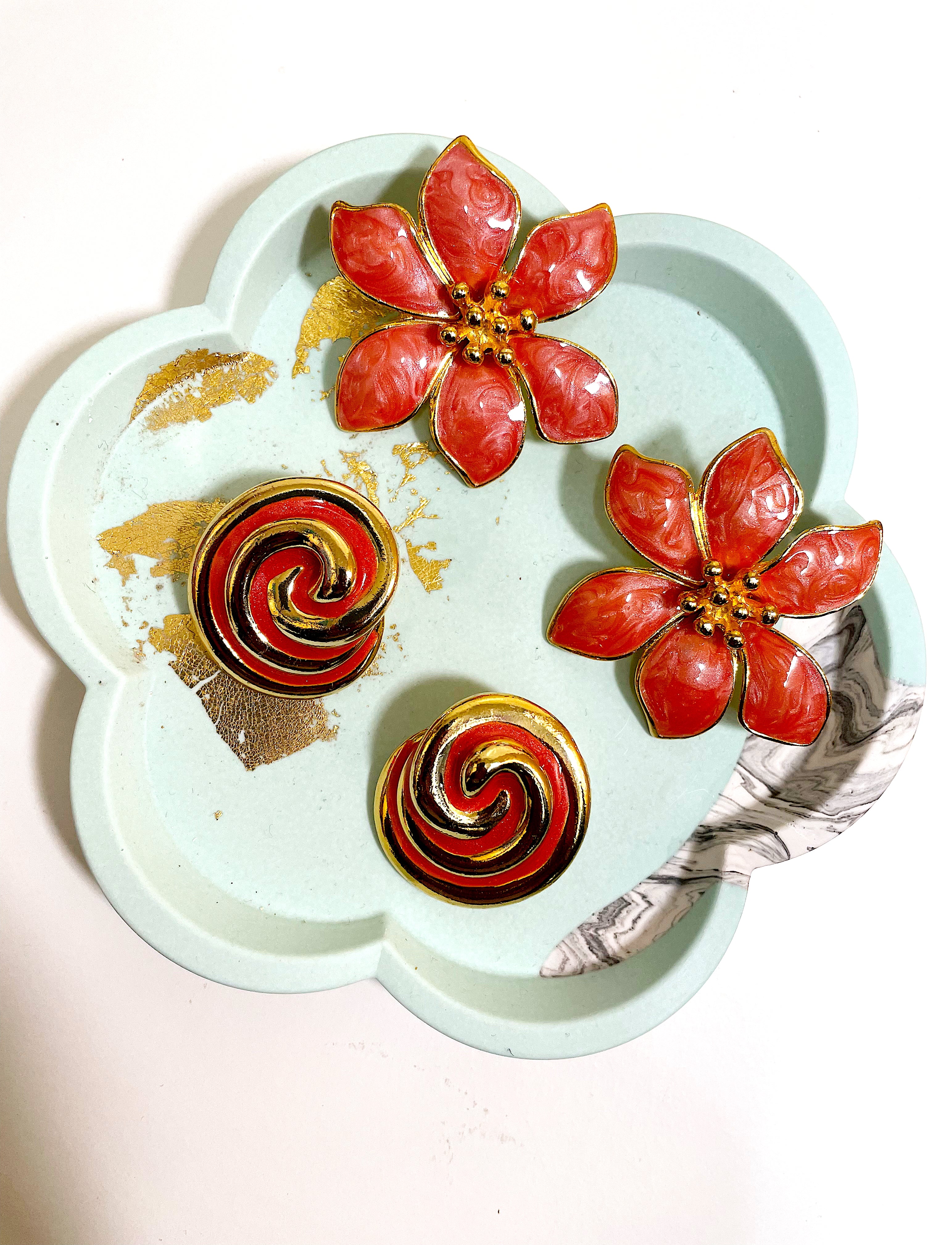 Orange Enamel Gold Tone Swirl Clip On Earrings