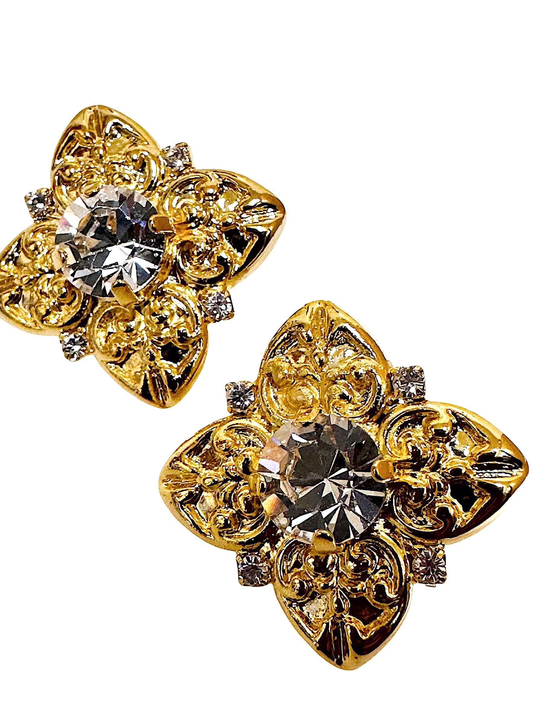 Decorative Spade Crystal Gold Plated Stud Earrings