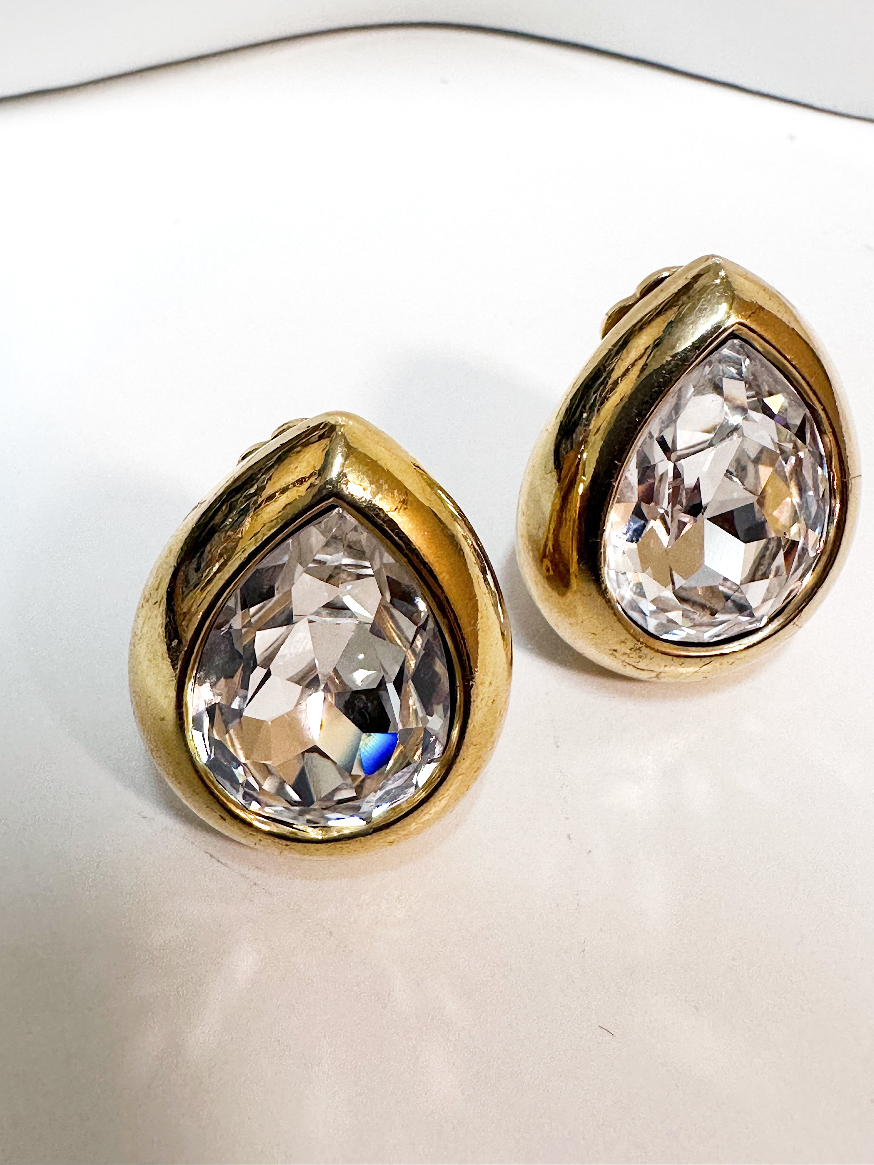 Tear Drop Crystal Gold Clip On Earrings