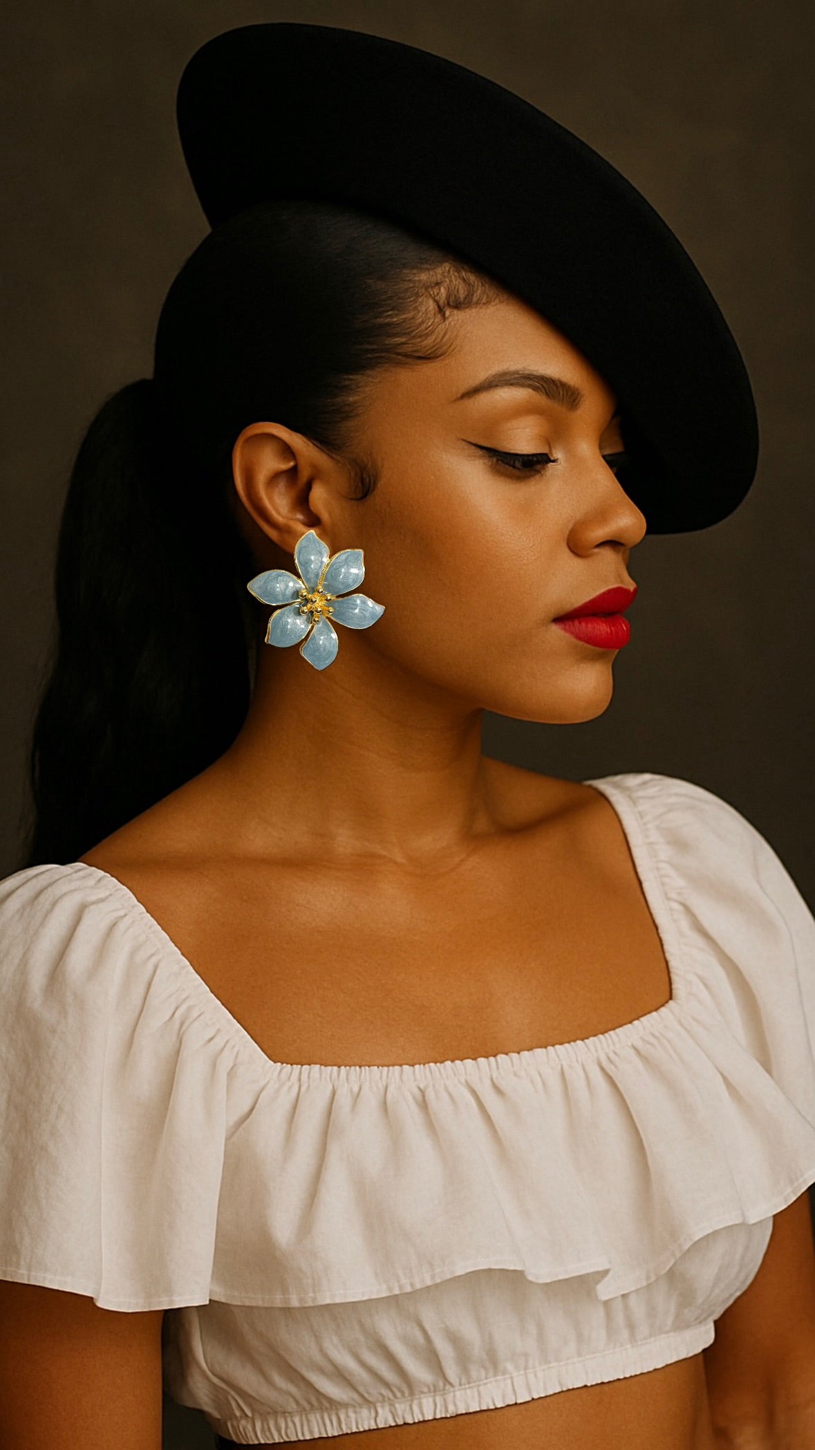 Blue enamel flower stud clip on earrings