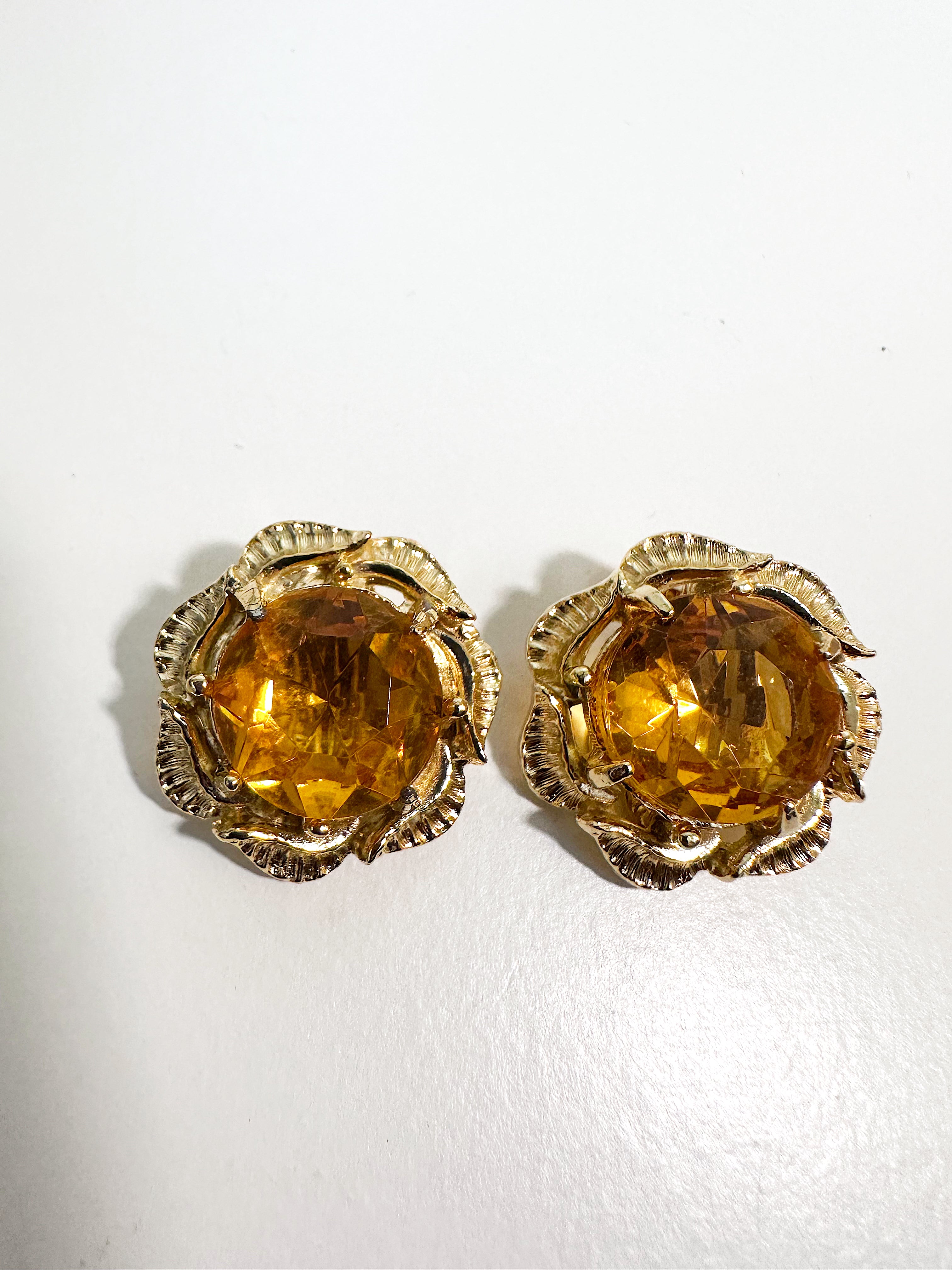 Gold tone topaz glass crystal round stud clip on earrings