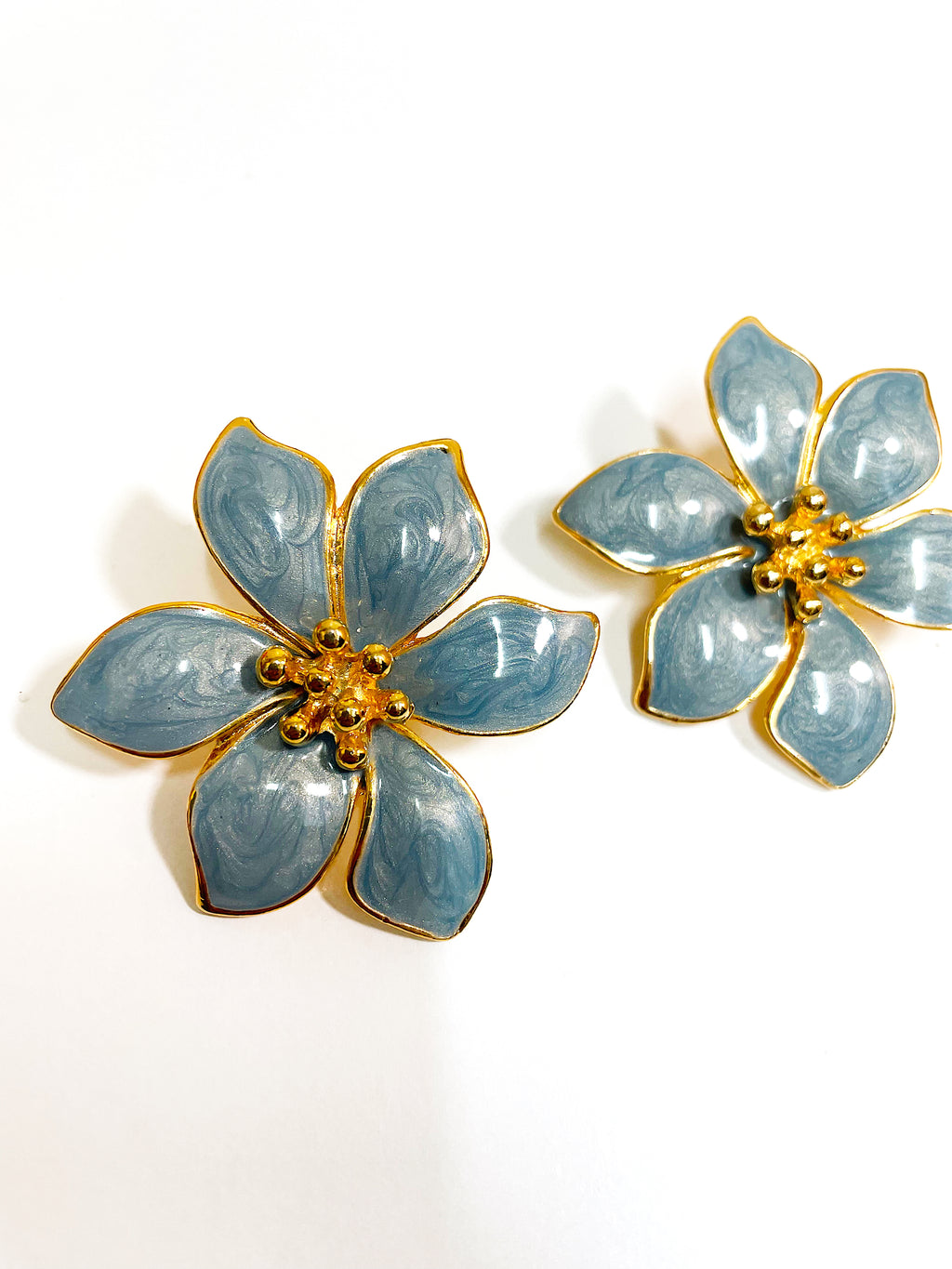 Blue enamel flower stud clip on earrings