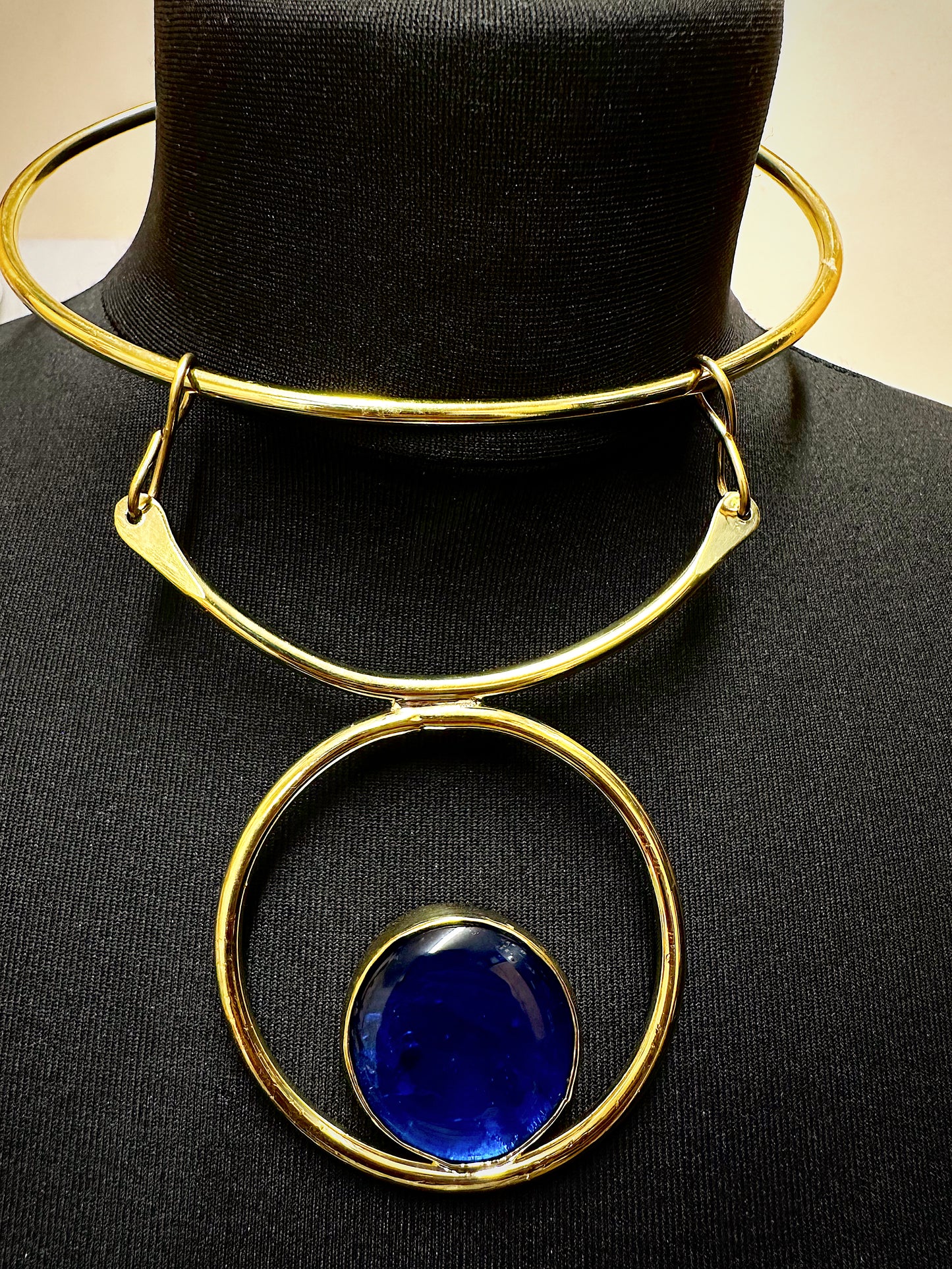 Blue Marble Cabochon Brass Statement Cuff Necklace