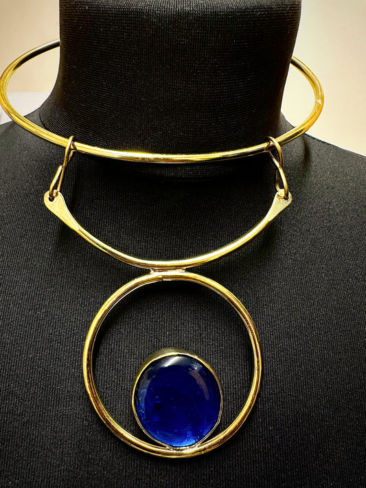 Blue Marble Cabochon Brass Statement Cuff Necklace
