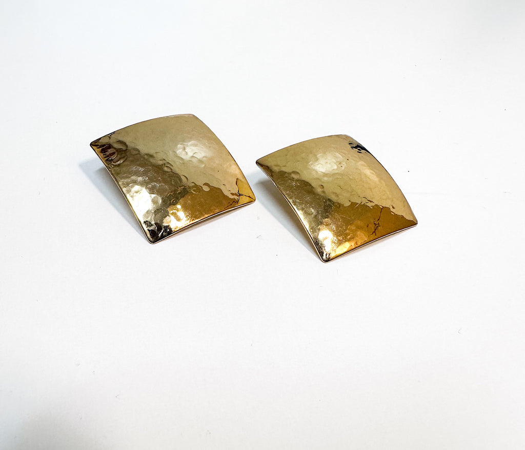 Textured square gold domed plated brass earrings for pierced ears.