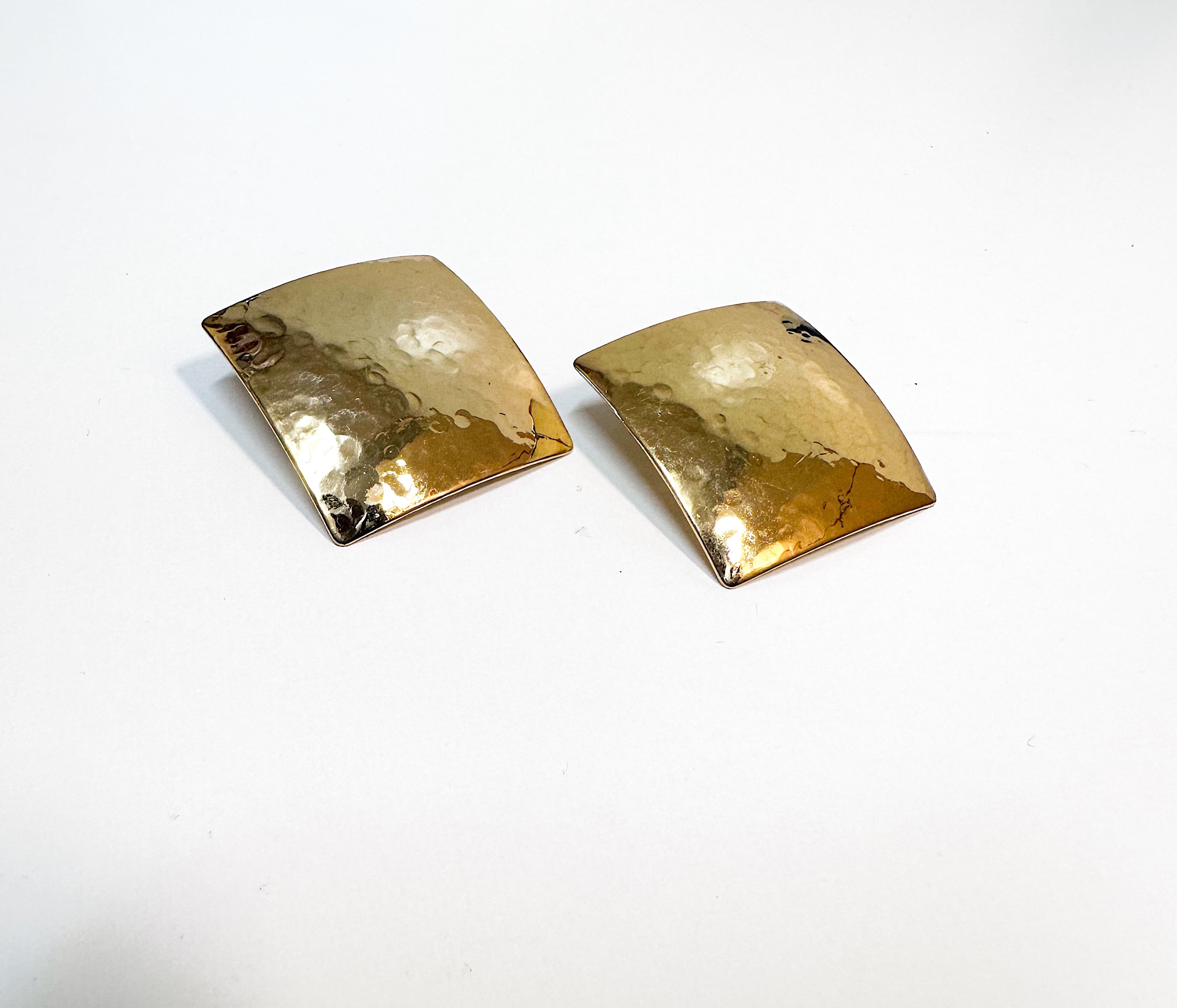 Textured square gold domed plated brass earrings for pierced ears.