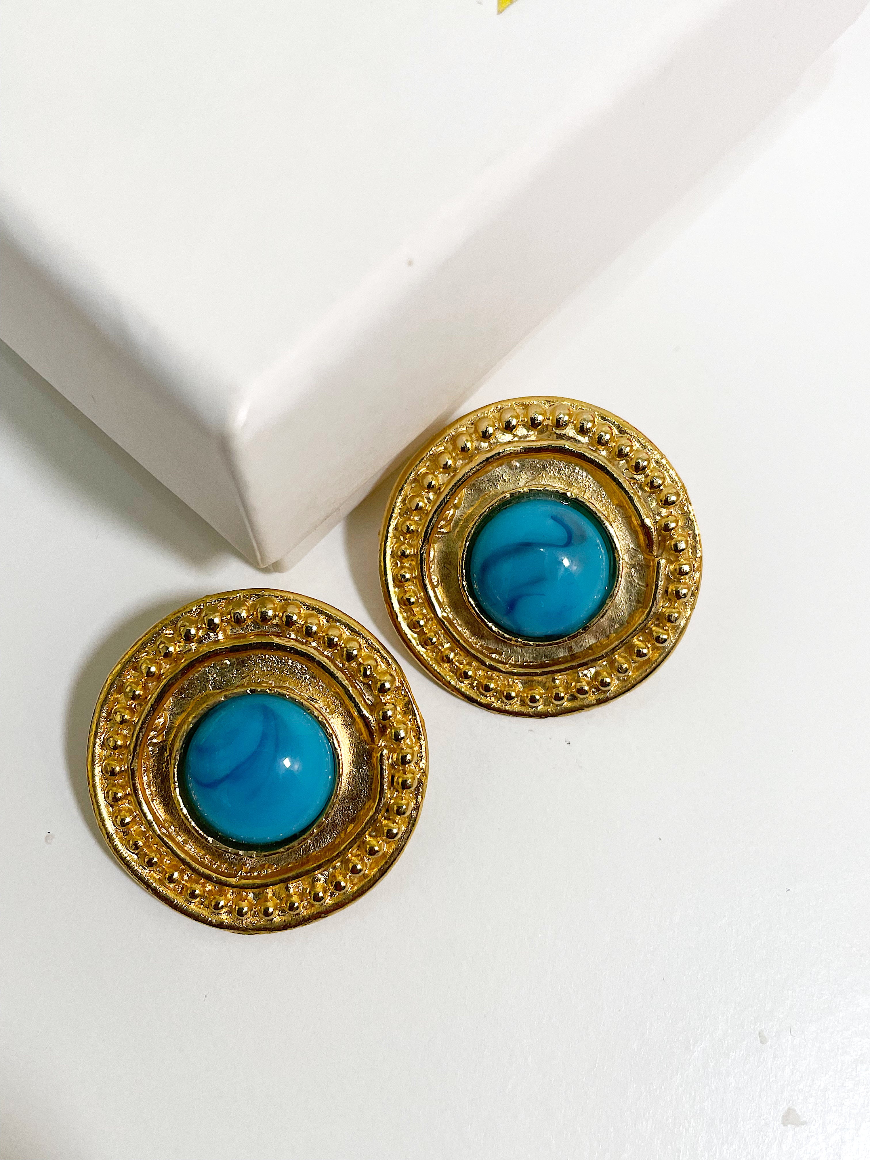 Turquoise blue cabochon round domed clip on earrings