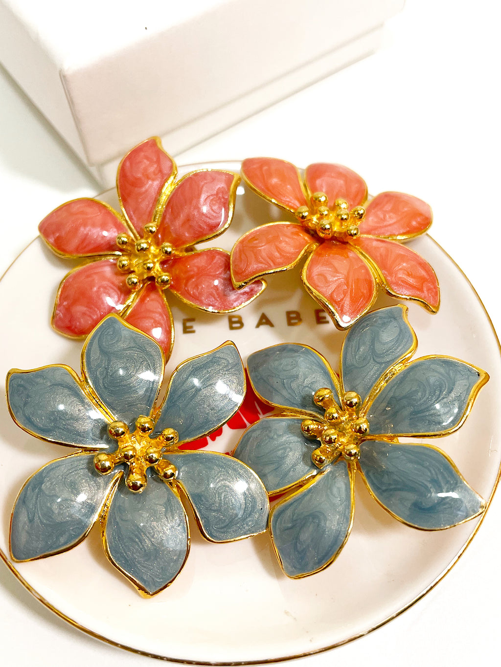 Blue enamel flower stud clip on earrings