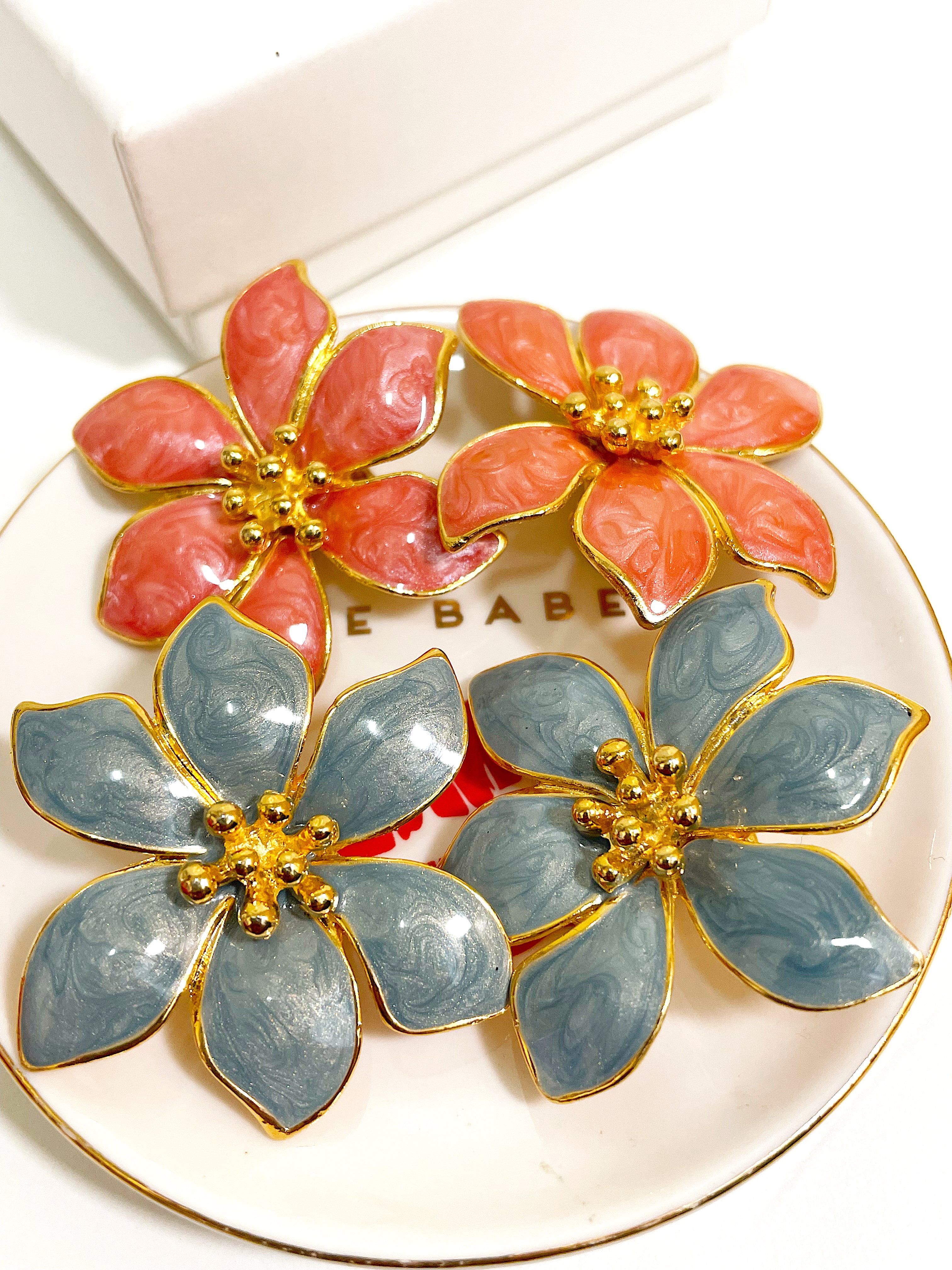 Blue enamel flower stud clip on earrings