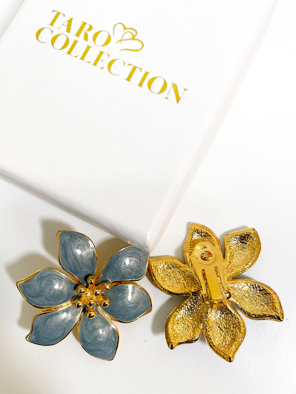 Blue enamel flower stud clip on earrings