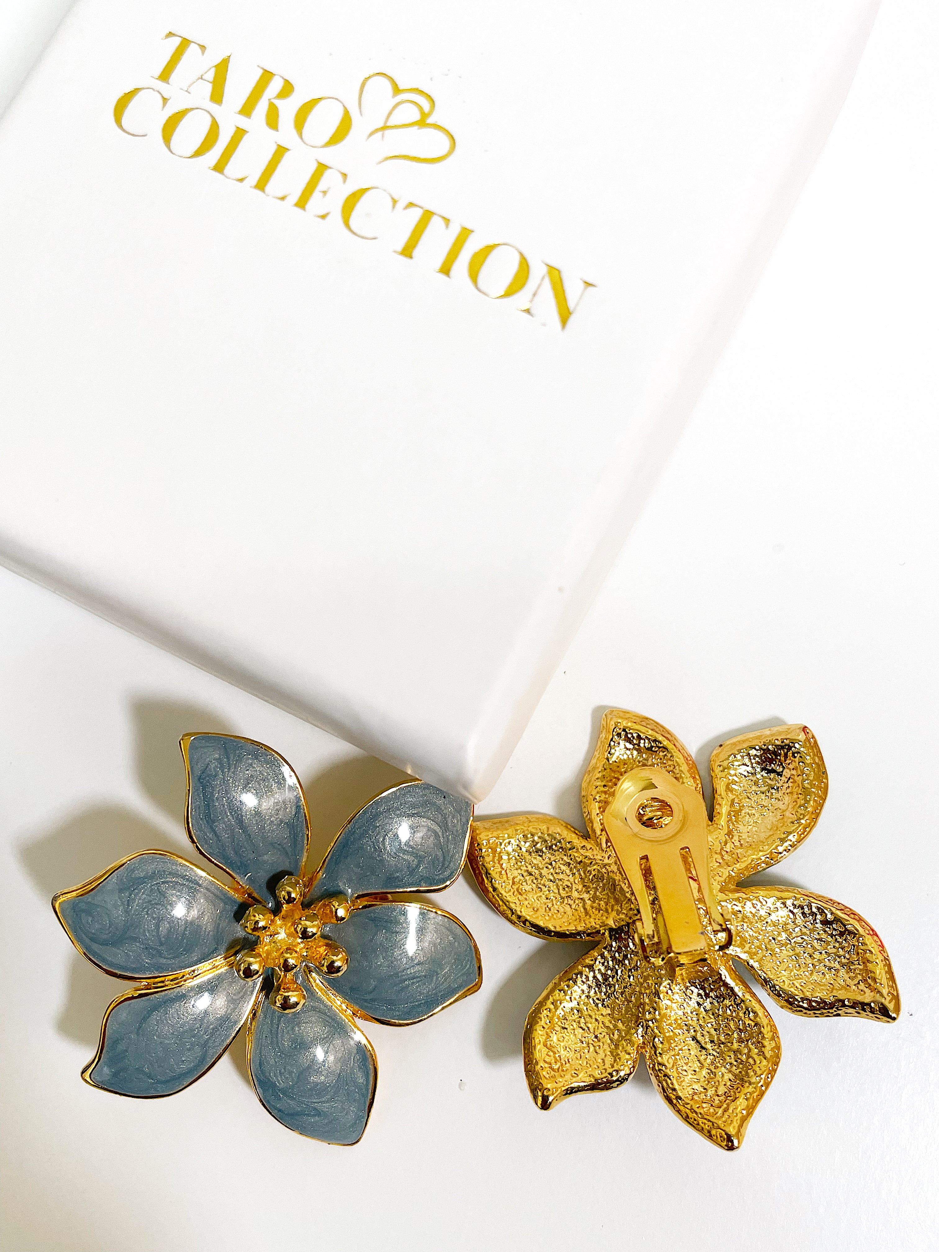 Blue enamel flower stud clip on earrings