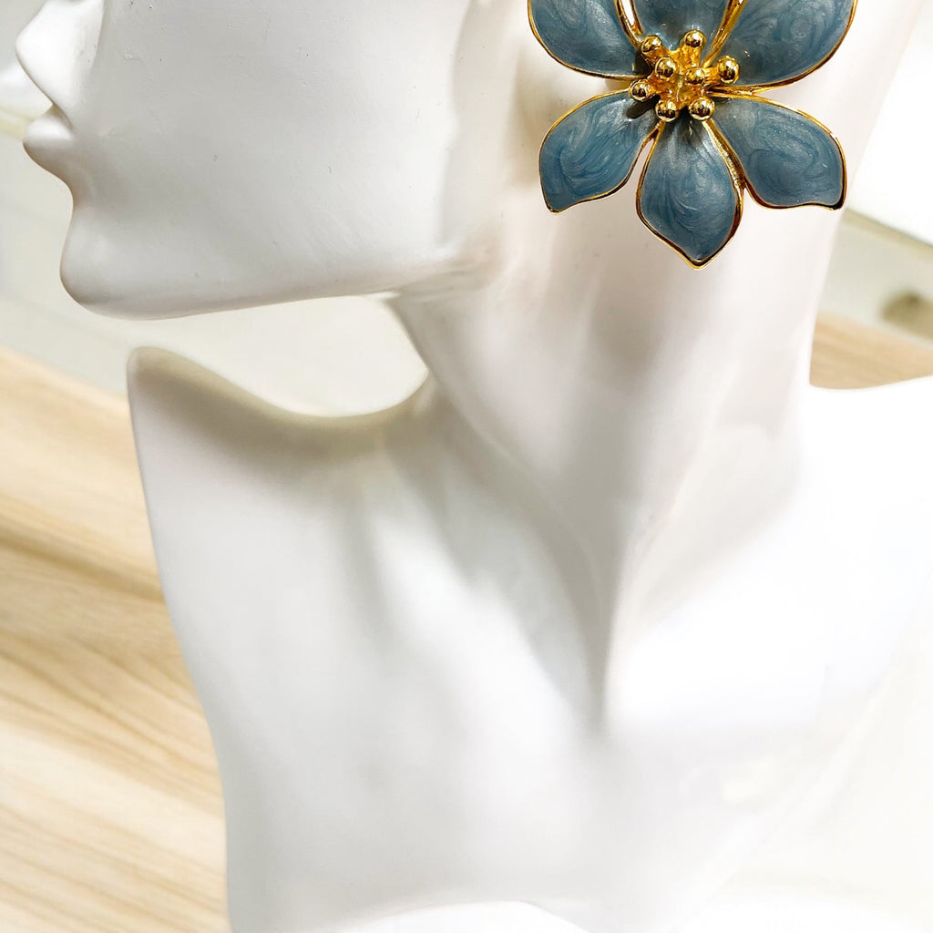 Blue enamel flower stud clip on earrings