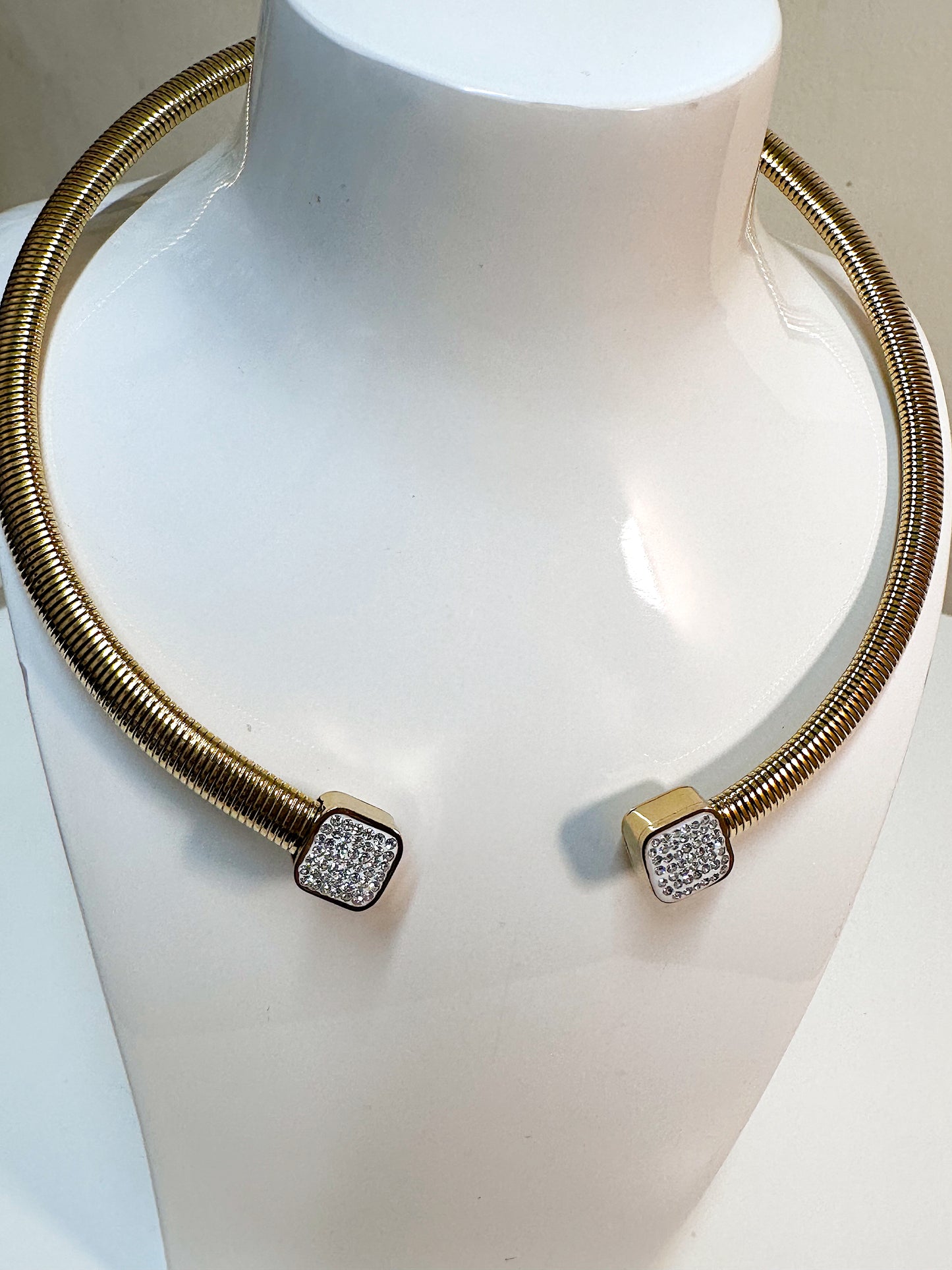 Open Cuff Gold Necklace With Czech Encrusted Crystals