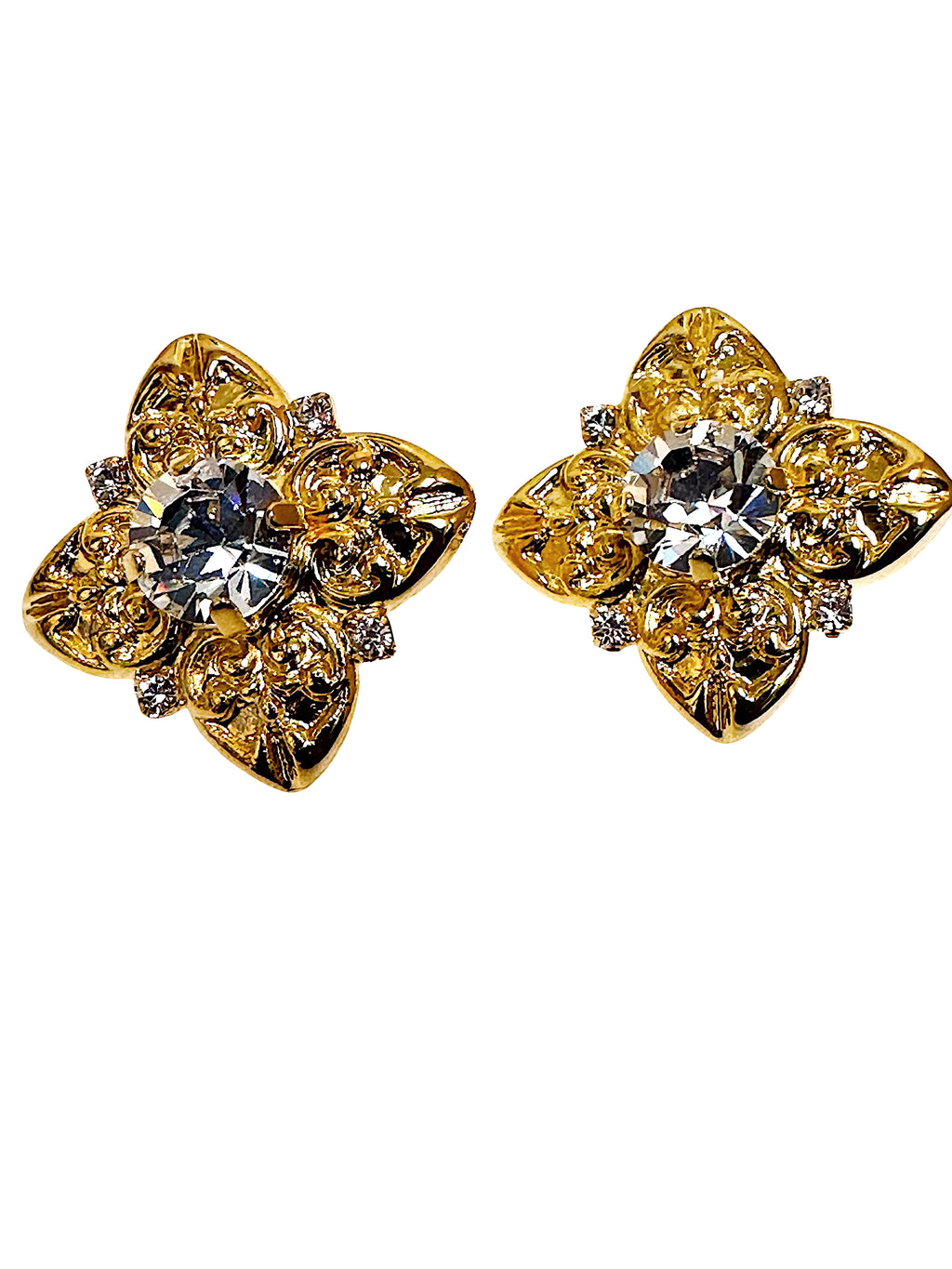 Decorative Spade Crystal Gold Plated Stud Earrings