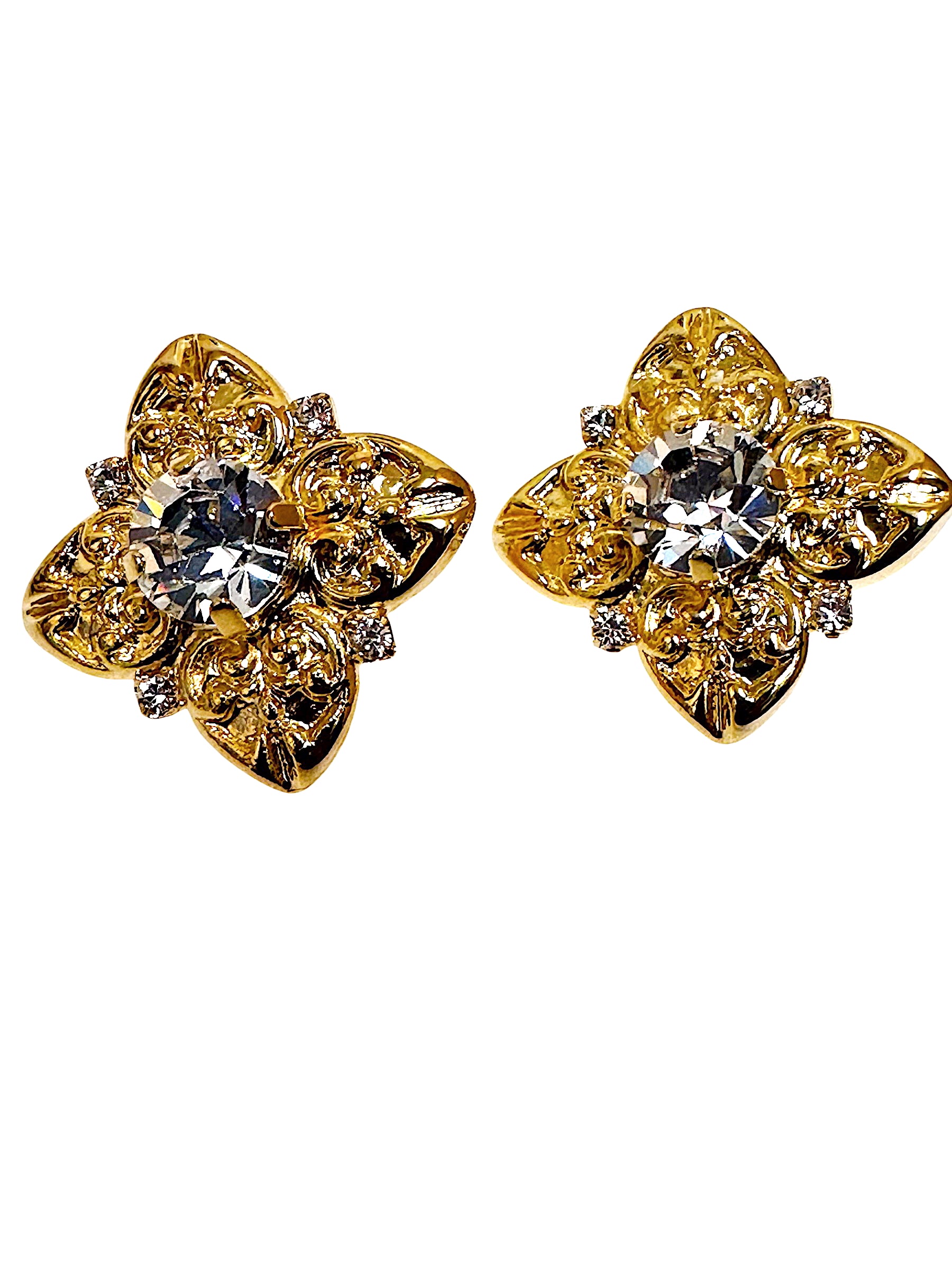 Decorative Spade Crystal Gold Plated Stud Earrings