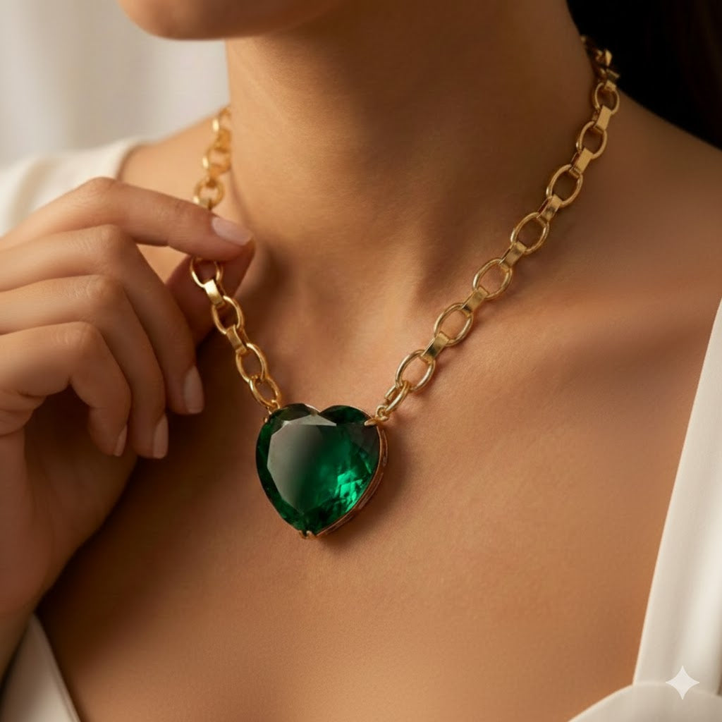 Green Heart Chunky Gold Chain Necklace