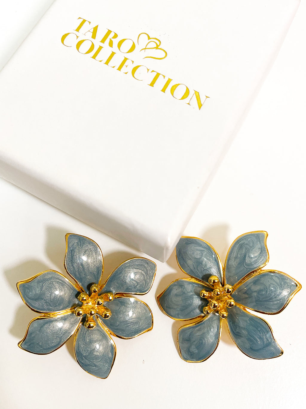 Blue enamel flower stud clip on earrings
