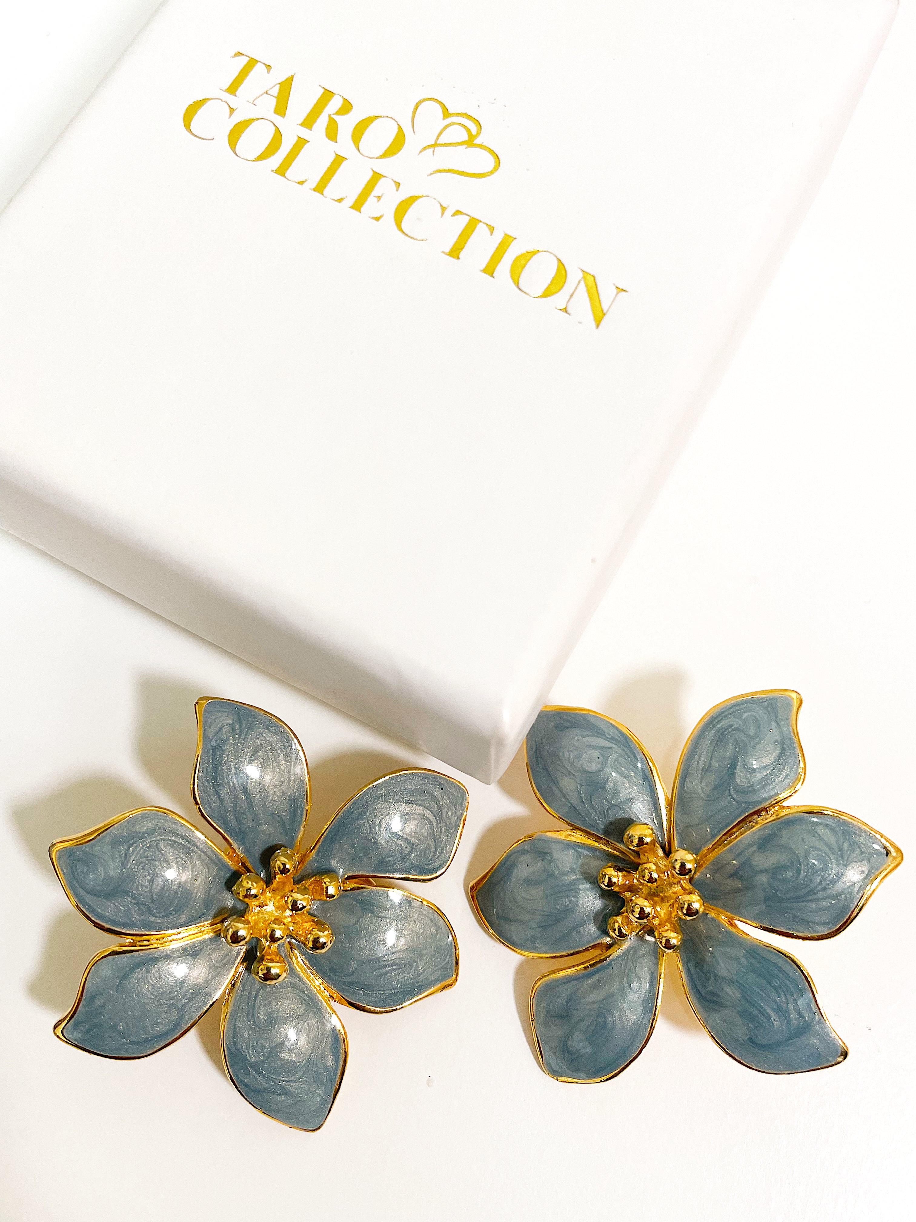 Blue enamel flower stud clip on earrings