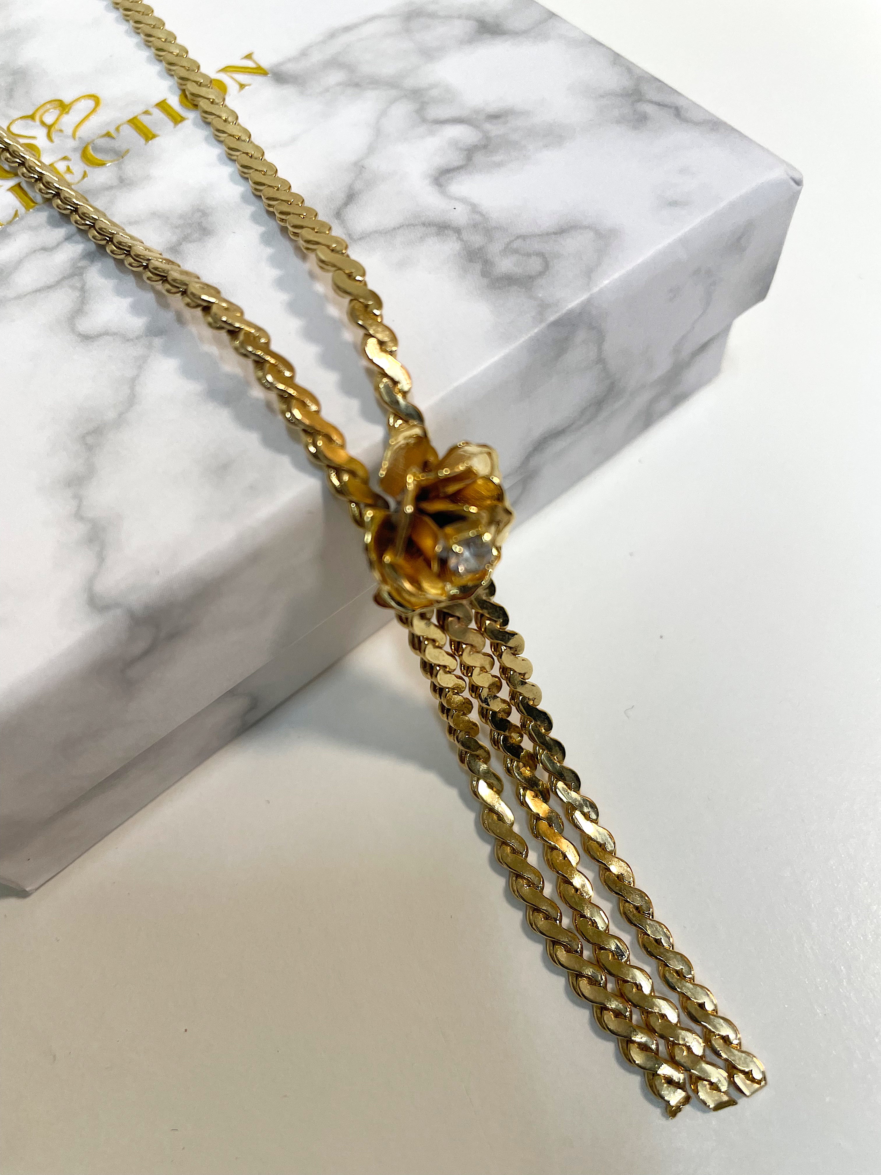 Floral Crystal Lariat Gold Twisted Flat Chain Necklace