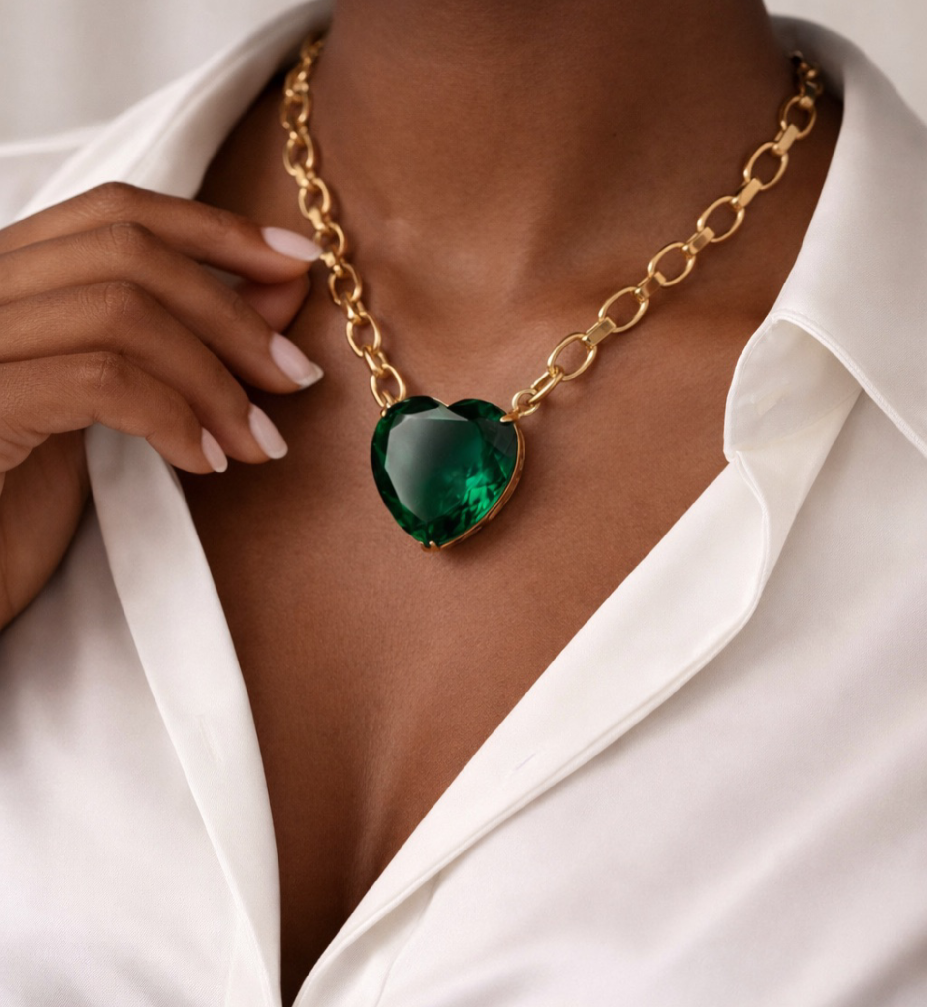 Green Heart Chunky Gold Chain Necklace