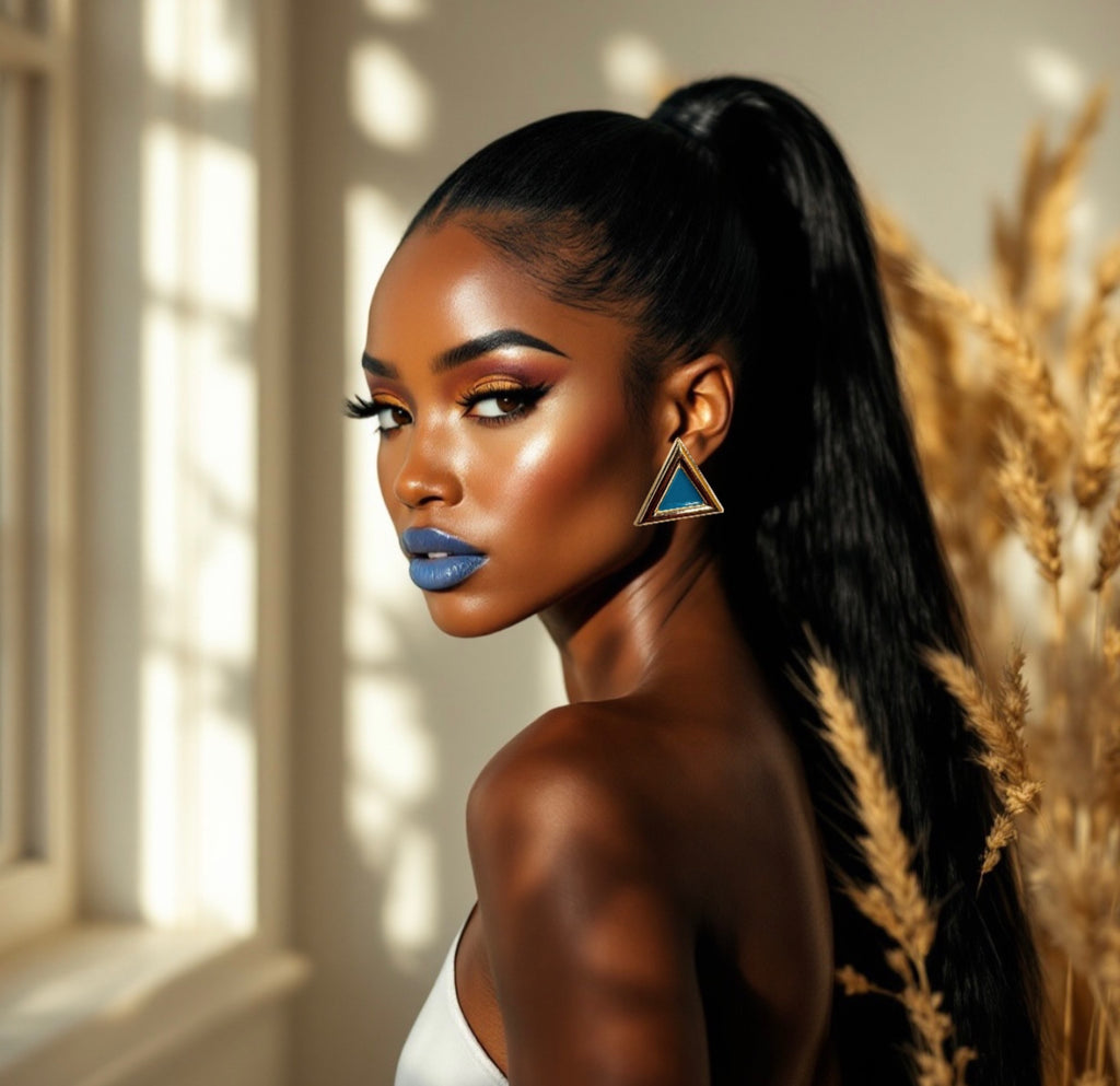 Turquoise enamel gold tone triangular stud earrings for pierced ears.