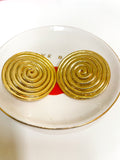 Large gold plated round swirl disc button clip on earrings.
