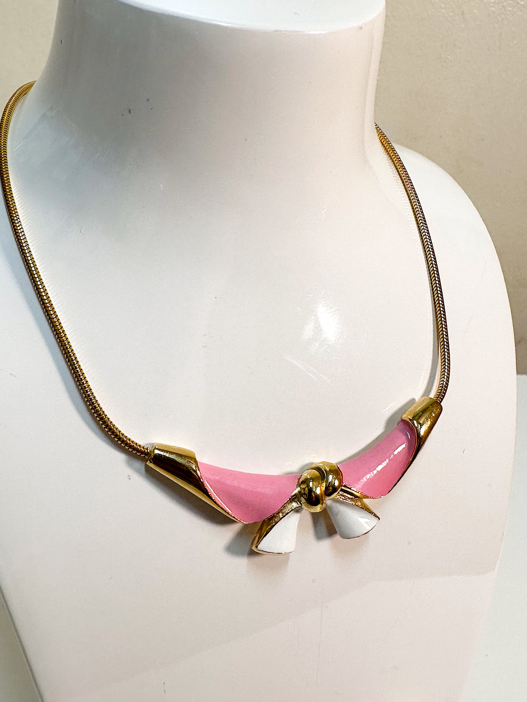 Pink & White Enamel Bow Gold plated Necklace