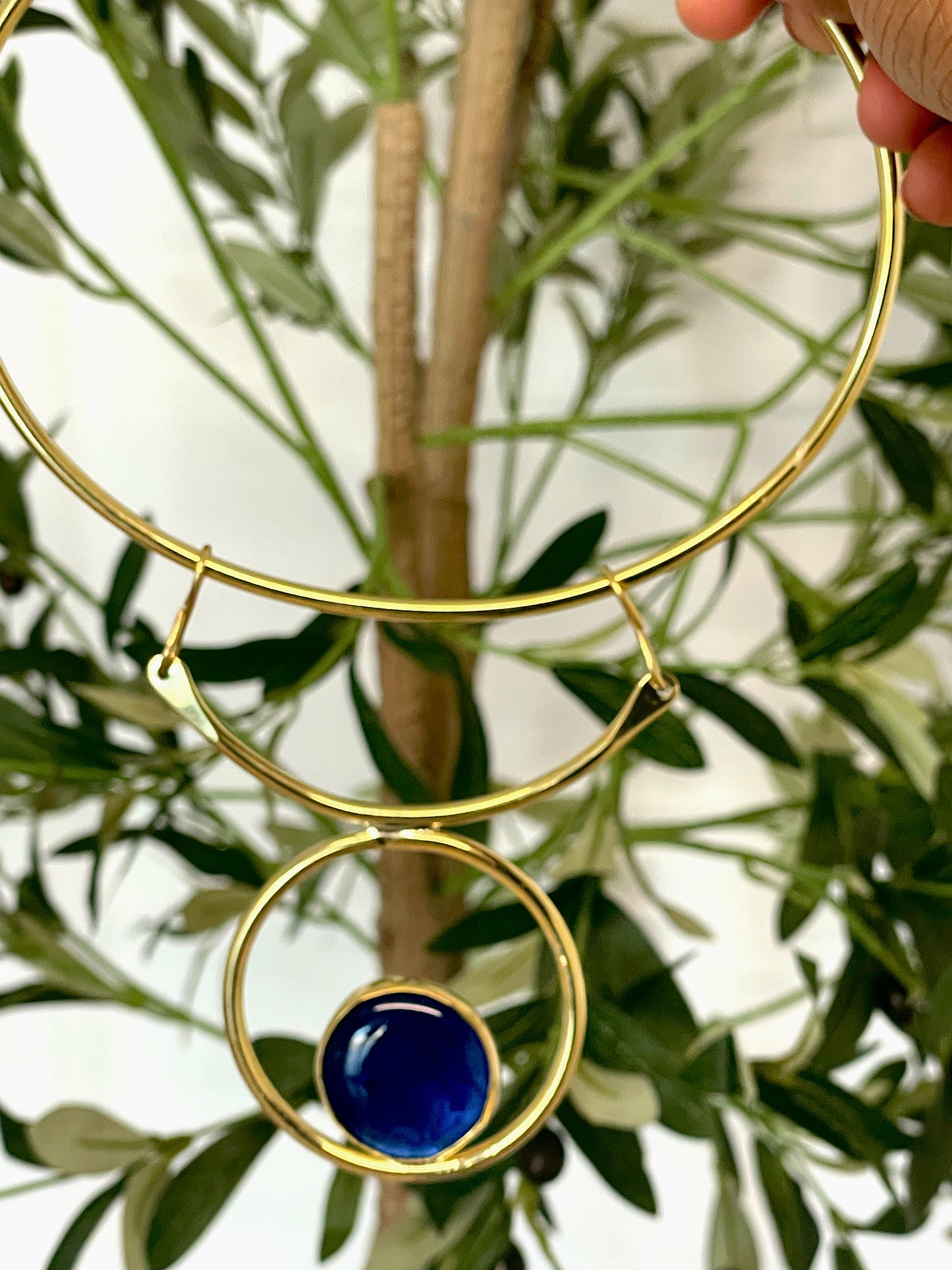 Blue Marble Cabochon Brass Statement Cuff Necklace