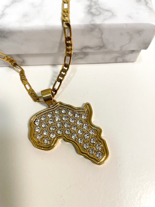 African Map Crystal Encrusted Gold Necklace