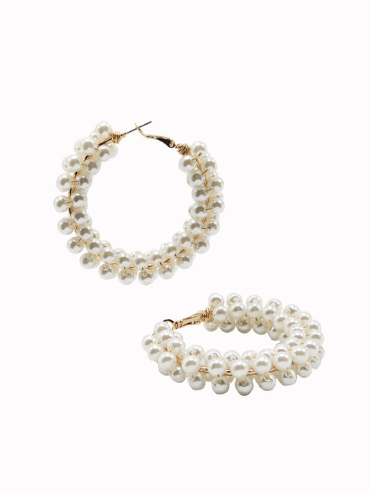 Wire Wrap Pearl Hoop Gold Earrings