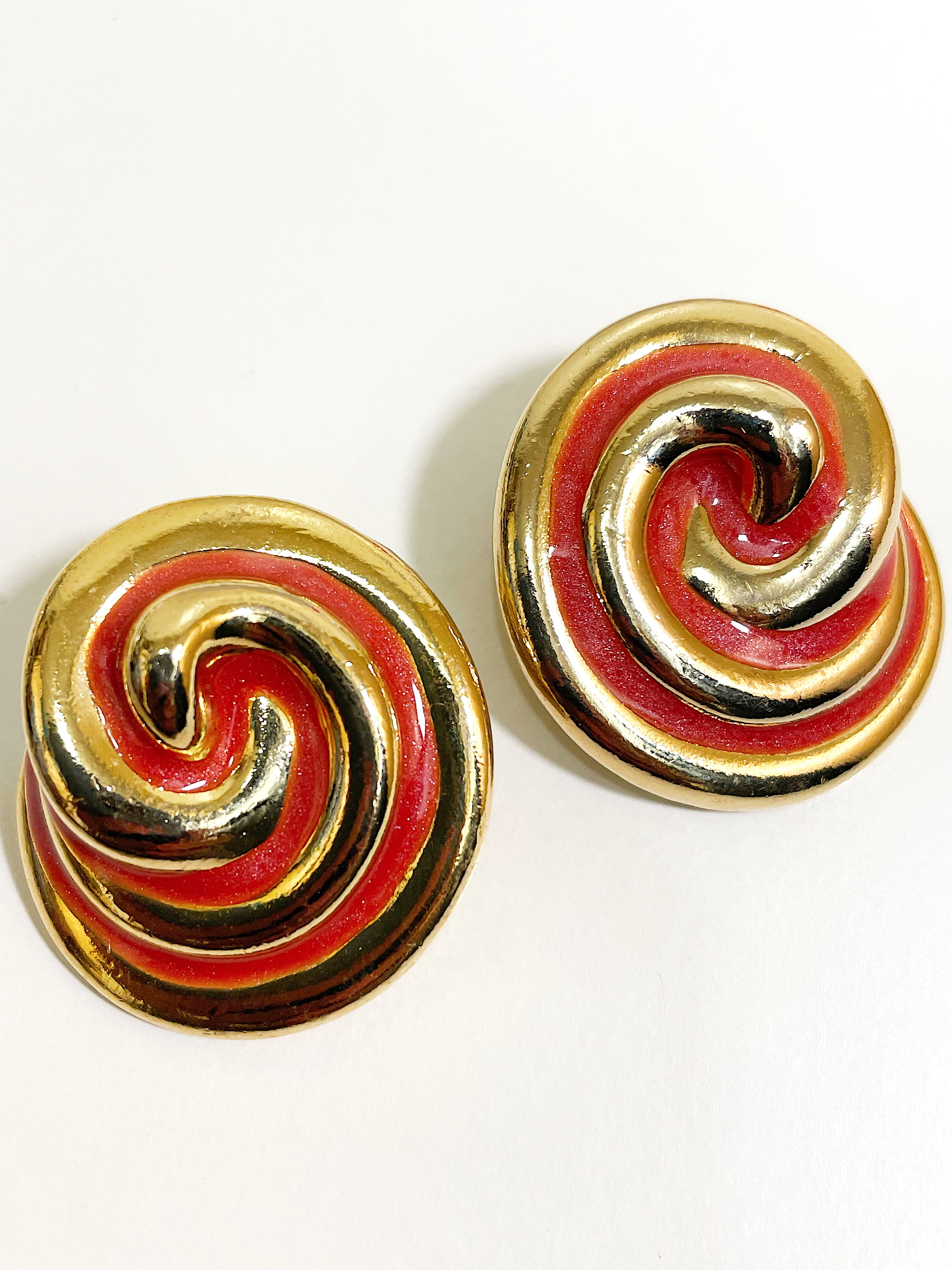 Orange Enamel Gold Tone Swirl Clip On Earrings
