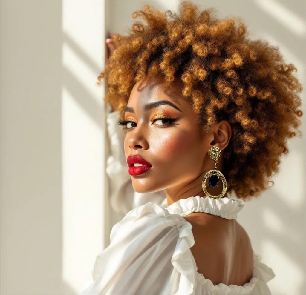 Black Stone Cabochon Dangly Gold Tone Crystal Clip on Earrings