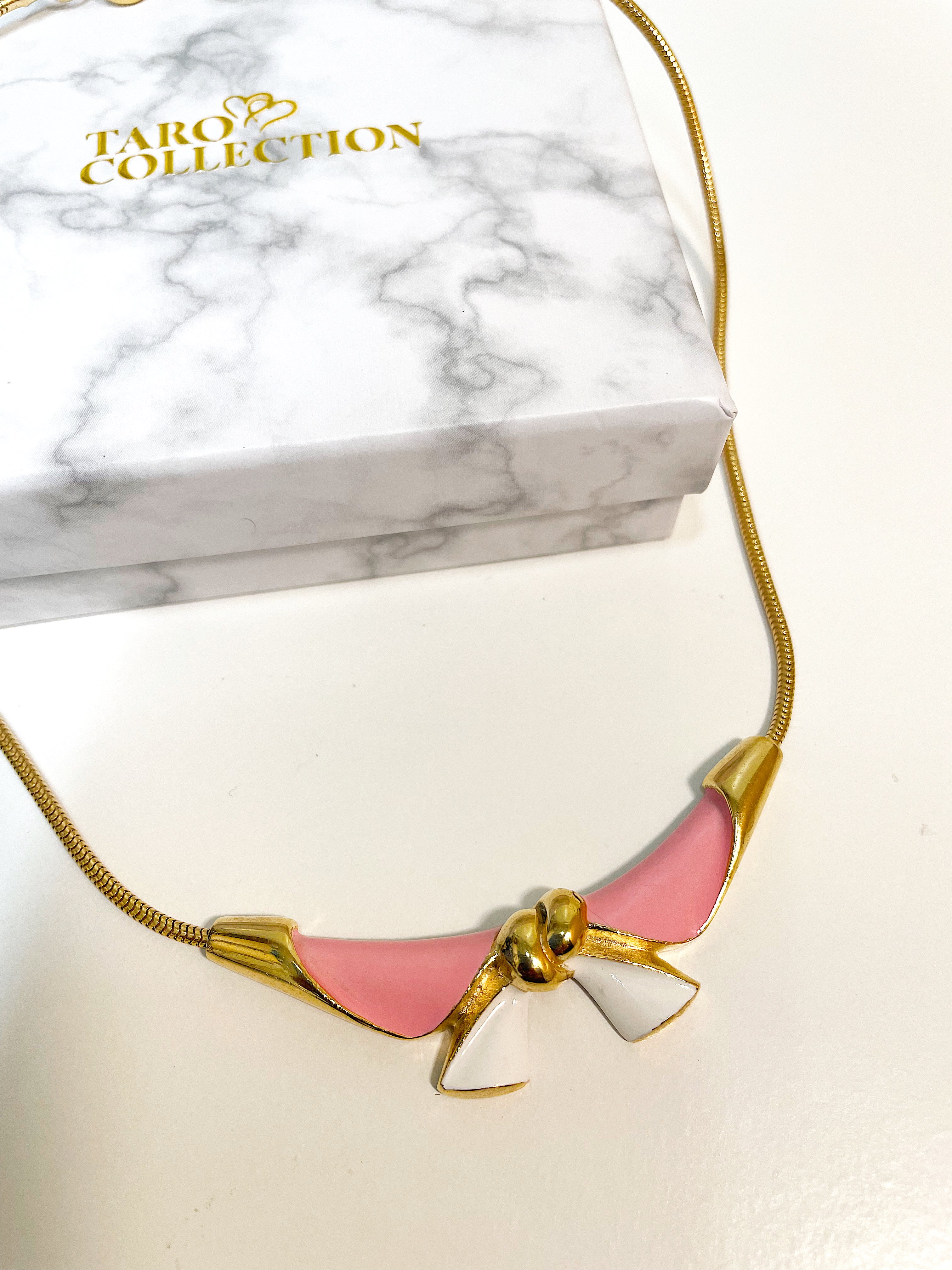Pink & White Enamel Bow Gold plated Necklace