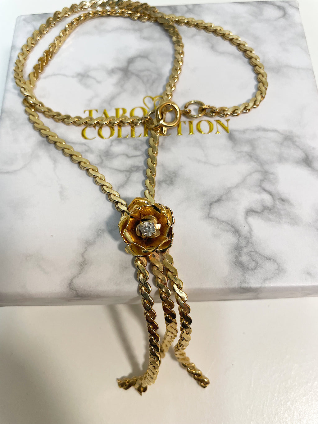 Floral Crystal Lariat Gold Twisted Flat Chain Necklace