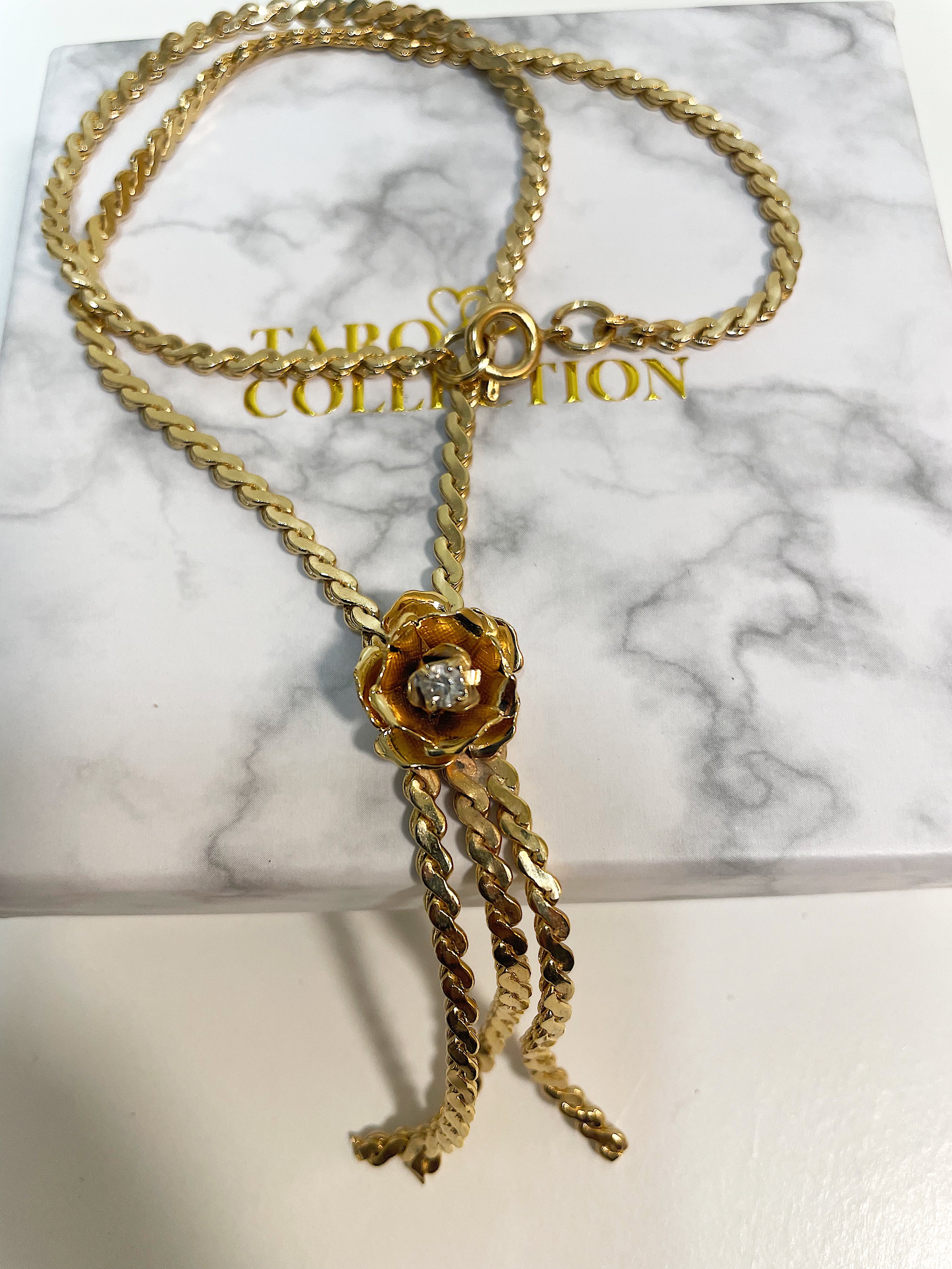 Floral Crystal Lariat Gold Twisted Flat Chain Necklace