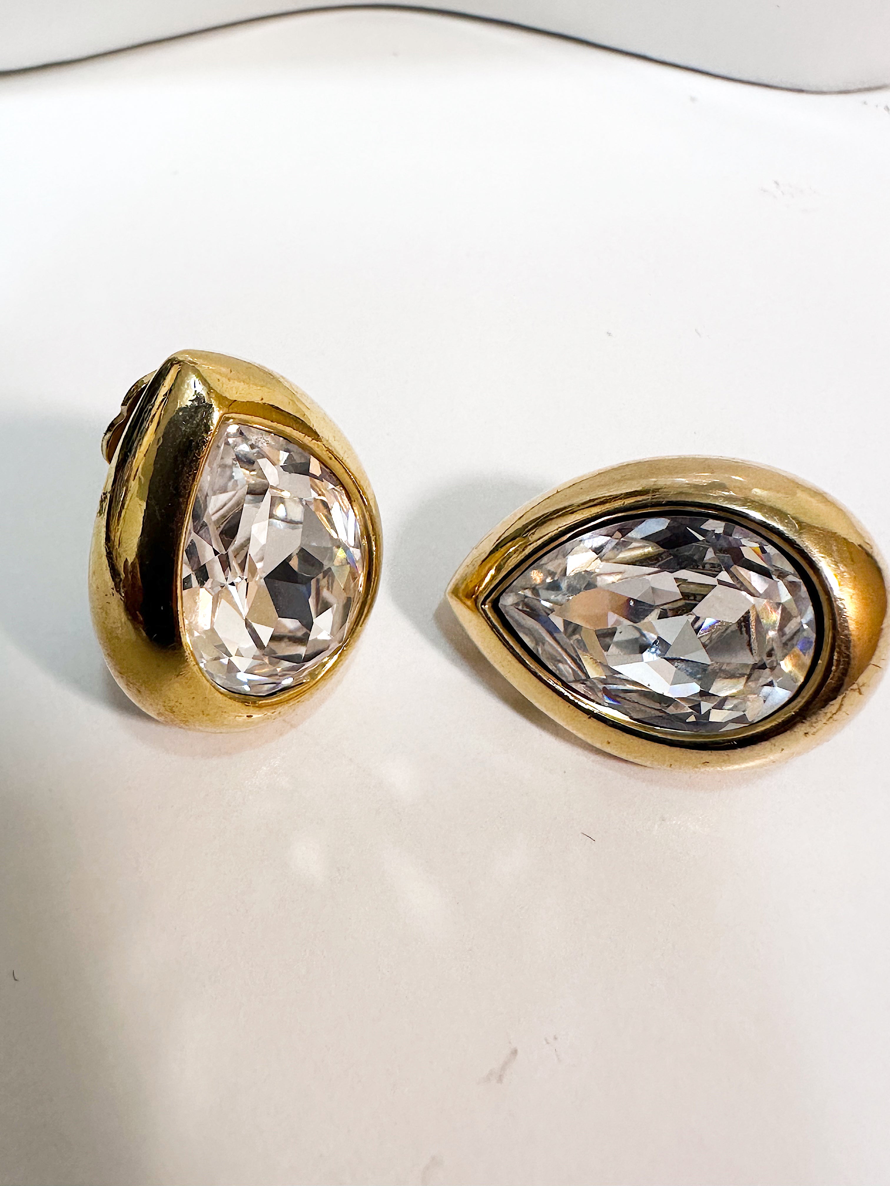 Tear Drop Crystal Gold Clip On Earrings