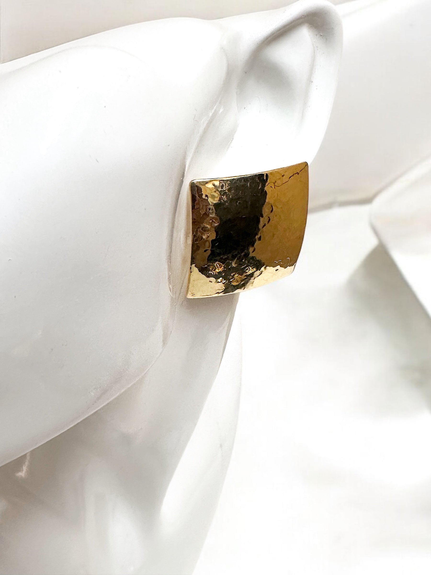 Textured square gold domed plated brass earrings for pierced ears.