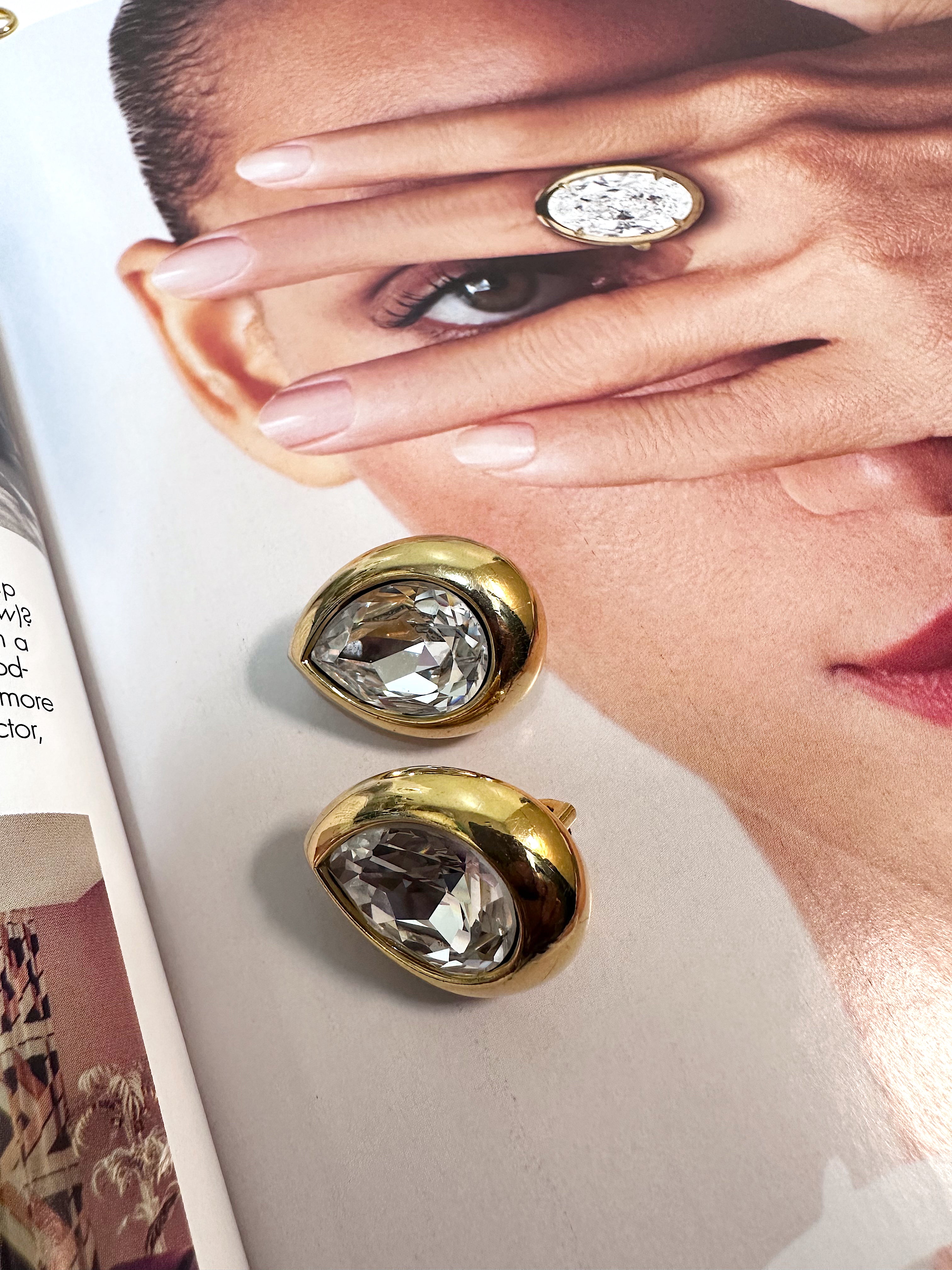 Tear Drop Crystal Gold Clip On Earrings