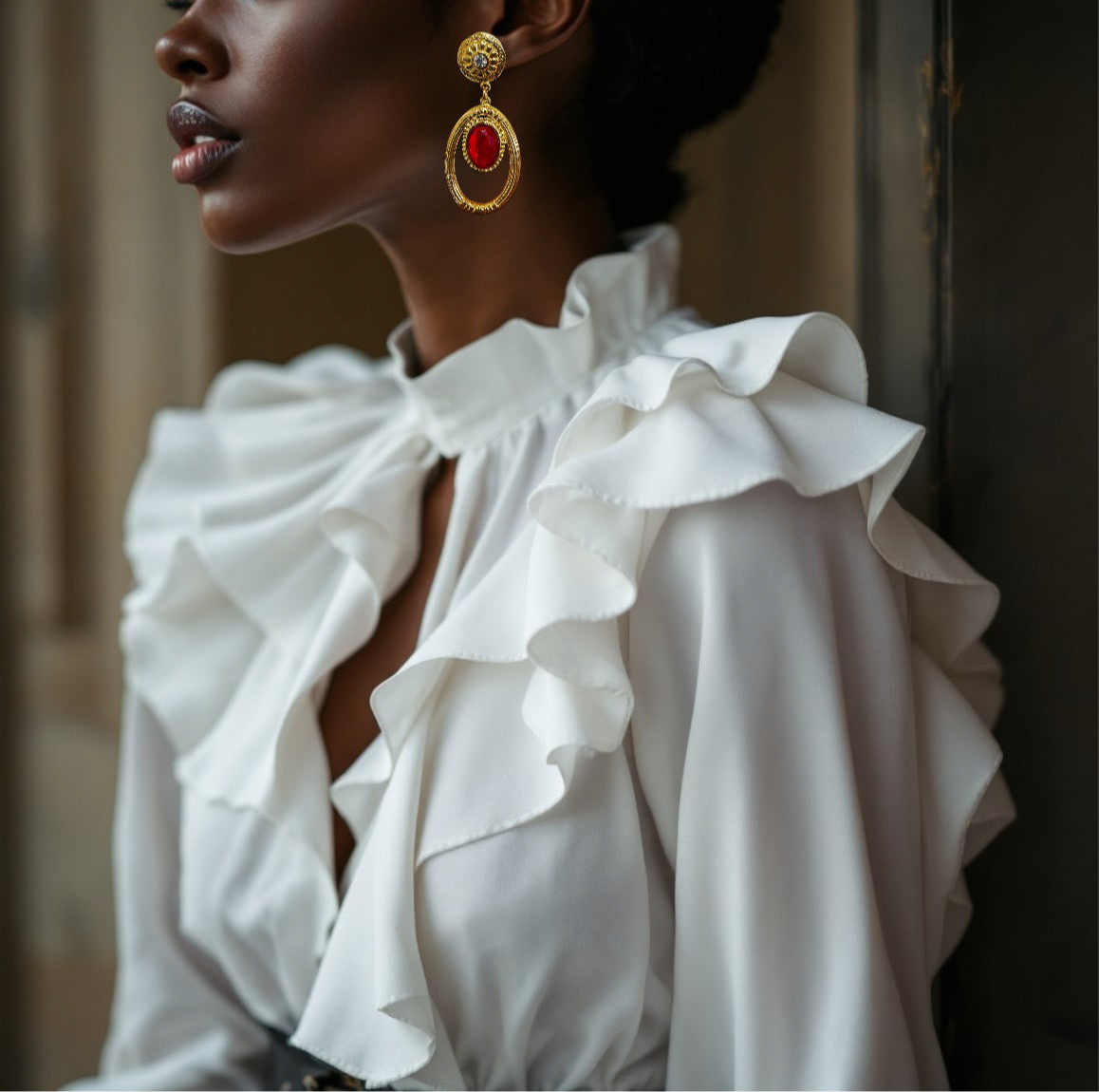 Ruby Red Gold Cabochon Dangly Gold Tone Crystal Clip on Earrings
