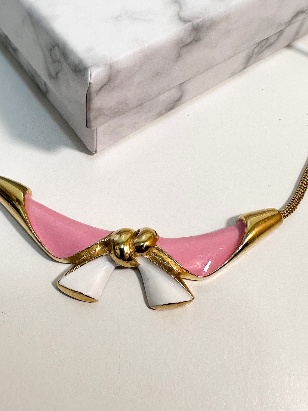 Pink & White Enamel Bow Gold plated Necklace