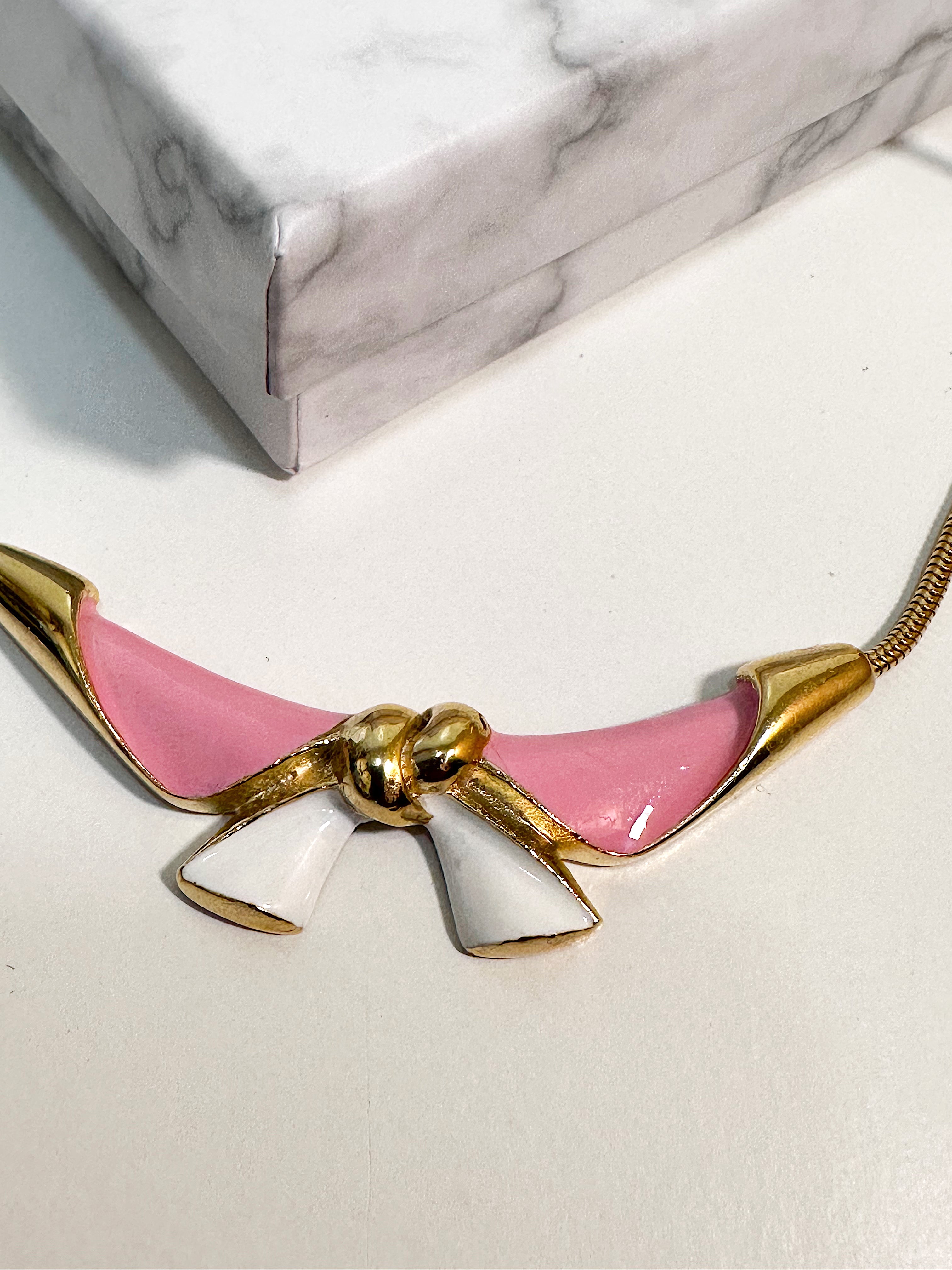 Pink & White Enamel Bow Gold plated Necklace