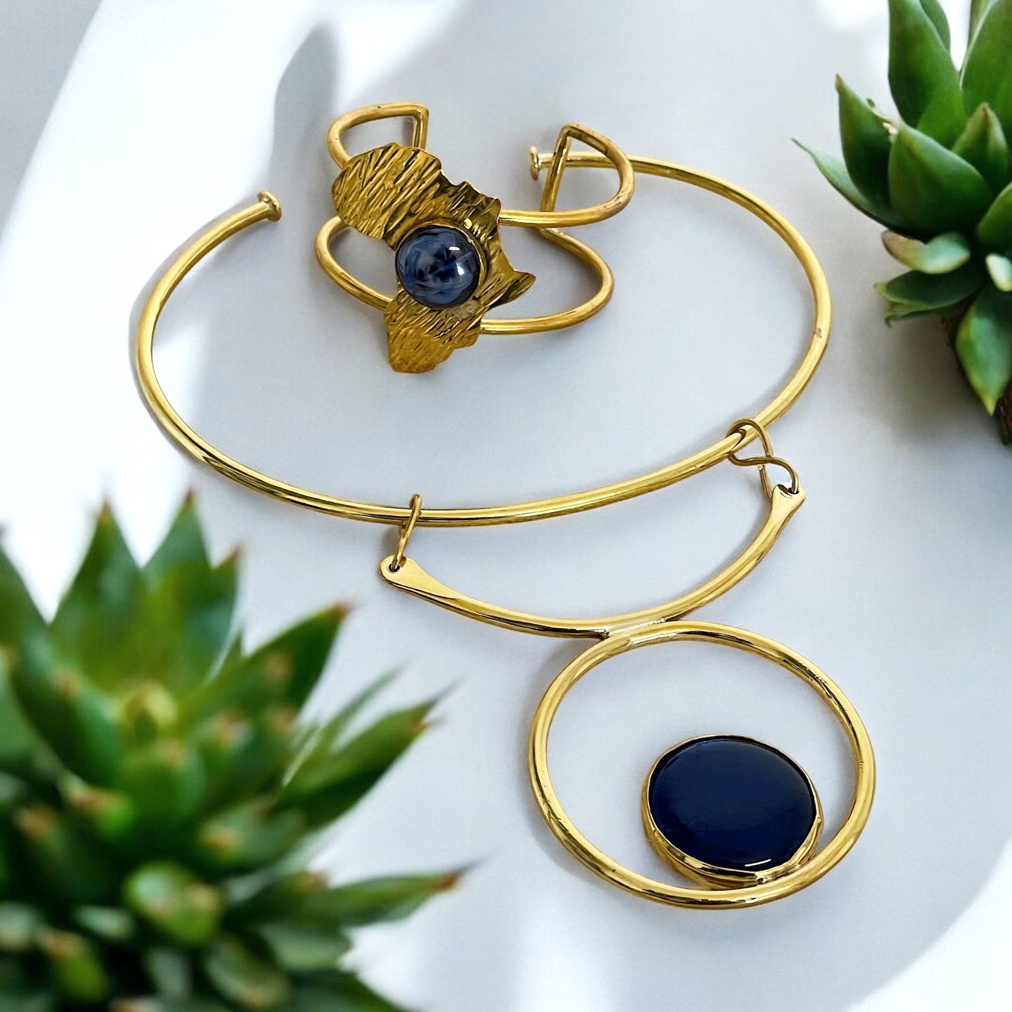 Blue Marble Cabochon Brass Statement Cuff Necklace