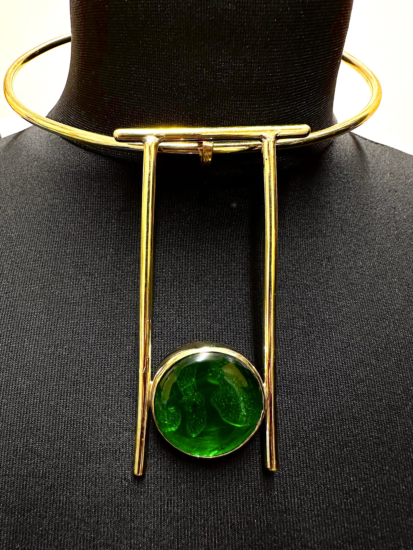 Green Cabochon Marble Brass Statement Cuff necklace