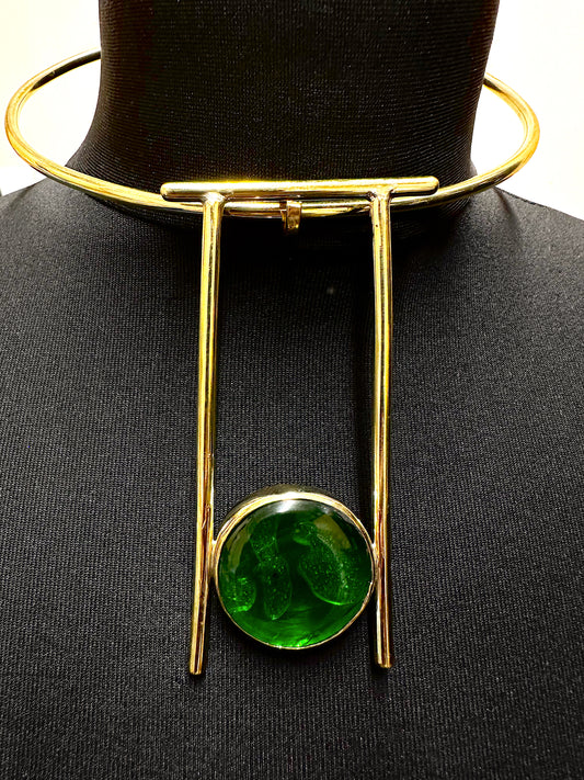 Green Cabochon Marble Brass Statement Cuff necklace